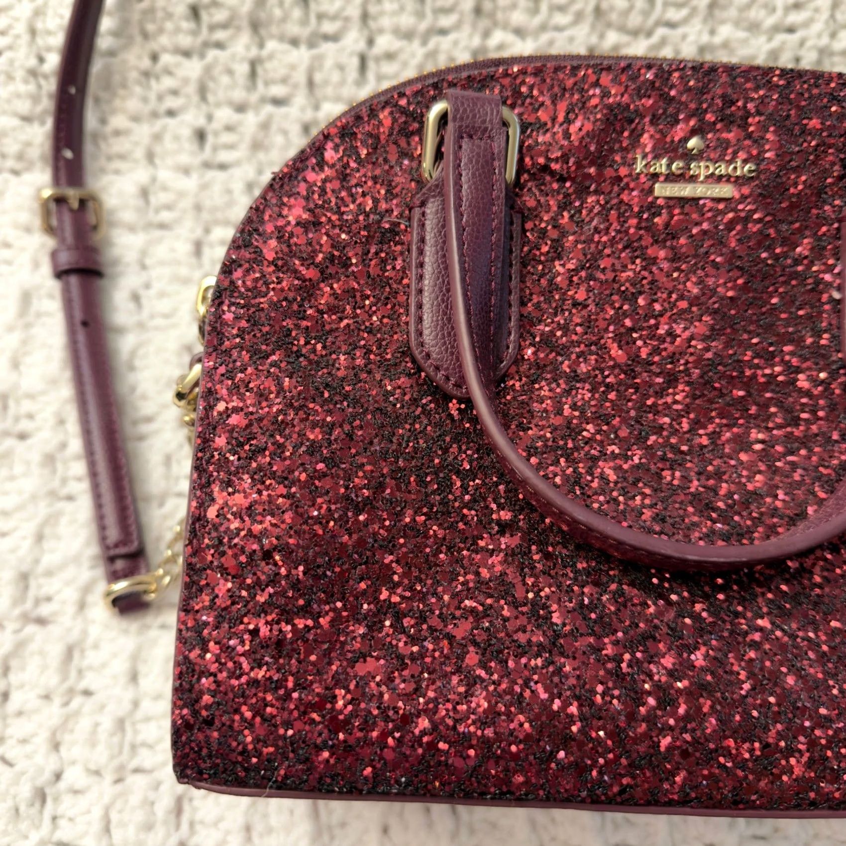 Vintage VINTAGE Kate Spade Satchel Bag Cross-Body Purse Burgundy Glitter Leather Trim Small Women’s Size ONE SIZE - 3 Thumbnail