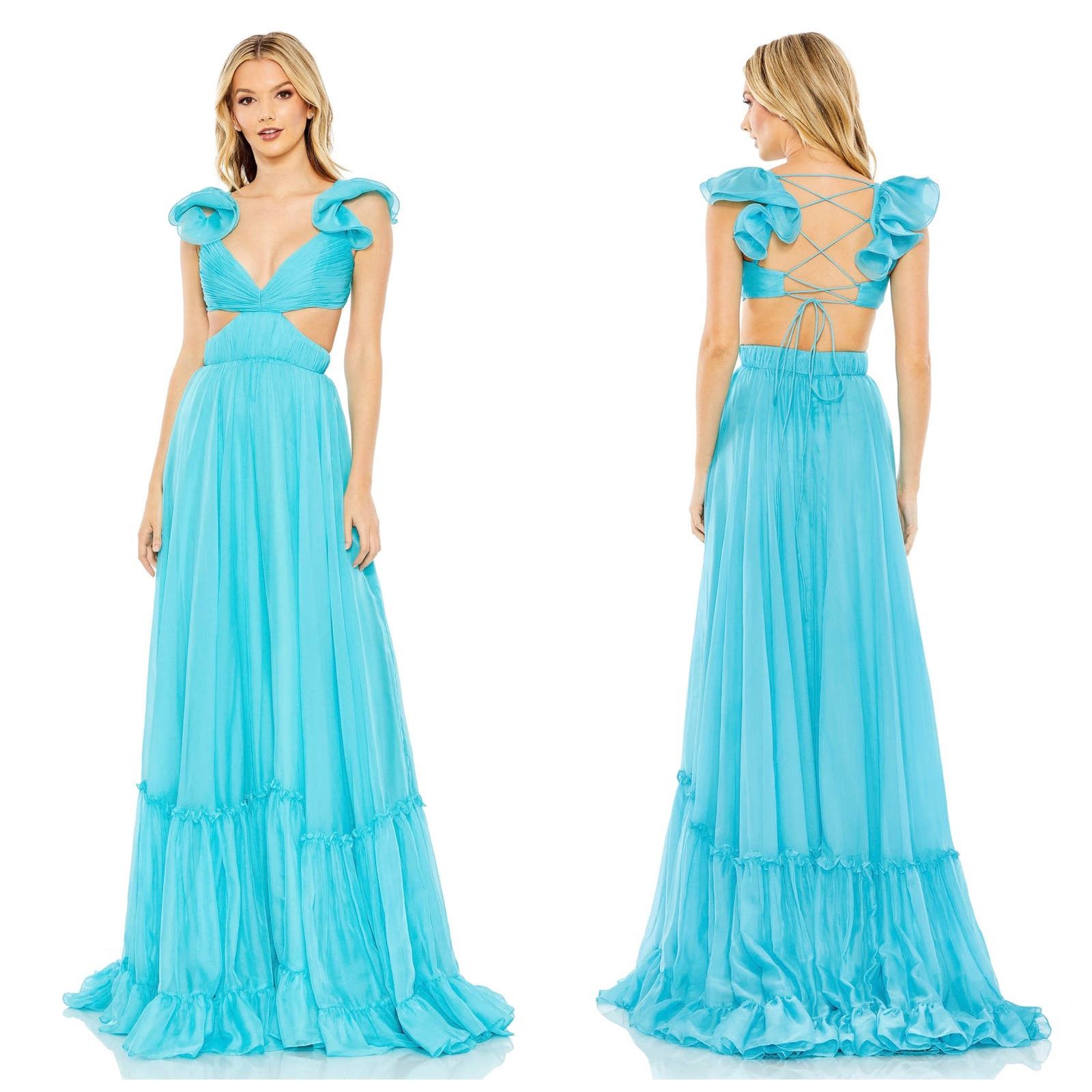 image of New Mac Duggal Ruched Ruffled Shoulder Cut Out Lace Up Gown in Blue, Women's (Size Small)