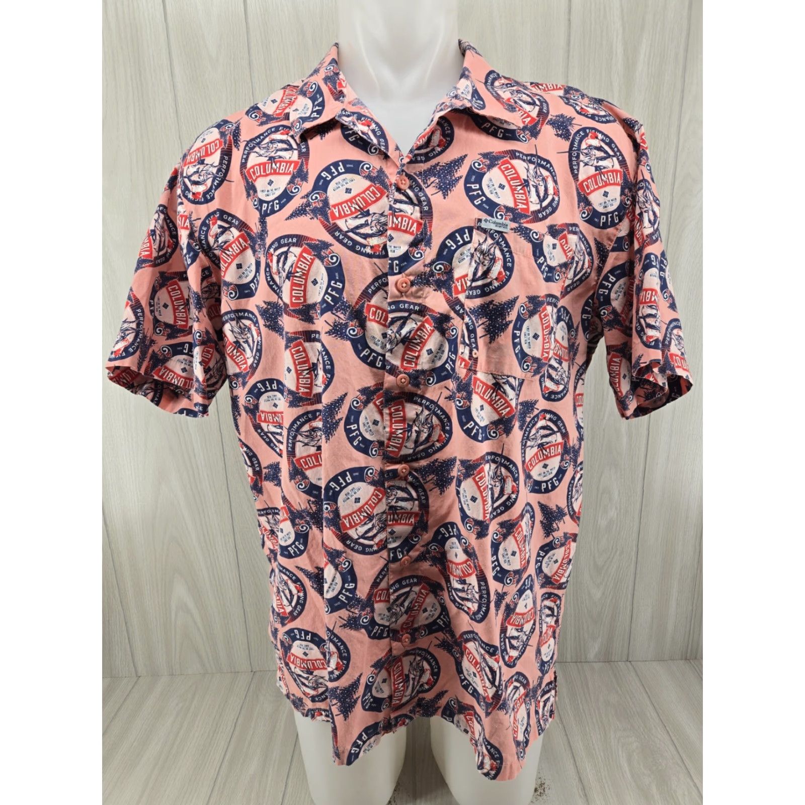 Gloverall Columbia Vented Shirt Mens XL PFG Fishing Short Sleeve Pink All Over Print Logo Size US XL / EU 56 / 4 - 2 Thumbnail