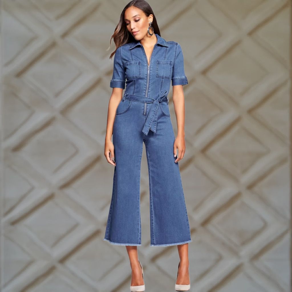 Vintage Gabrielle Union Jumpsuit Womens PXS Blue Denim Short Sleeve Zip Up Raw Hem NWT Size 26" / US 2 / IT 38 - 1 Thumbnail