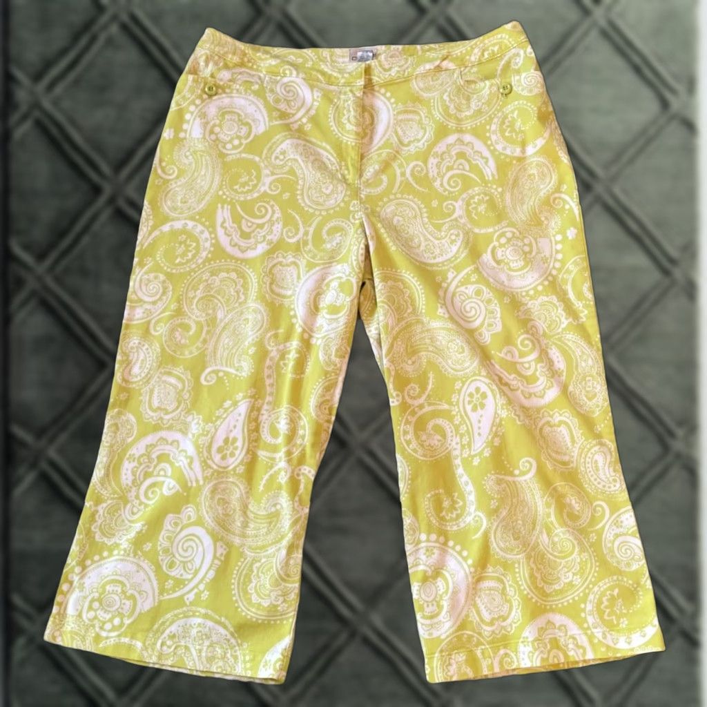 Vintage Chico's Capri Pants Large 14 Lime Green Paisley Preppy Casual Lightweight Cotton Blend Knit Summer Spring Fall Women Size 36" / US 14 / IT 50 - 1 Thumbnail