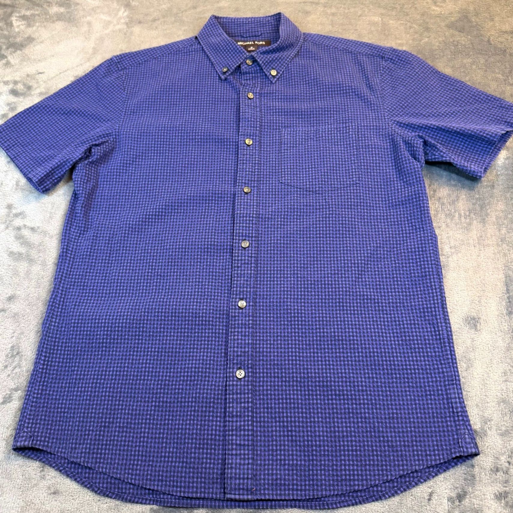 Michael Kors Michael Kors Slim Fit Mens Medium Short Sleeve Button-Up Shirt Purple Seersucker Check Pattern Size US M / EU 48-50 / 2 - 3 Thumbnail