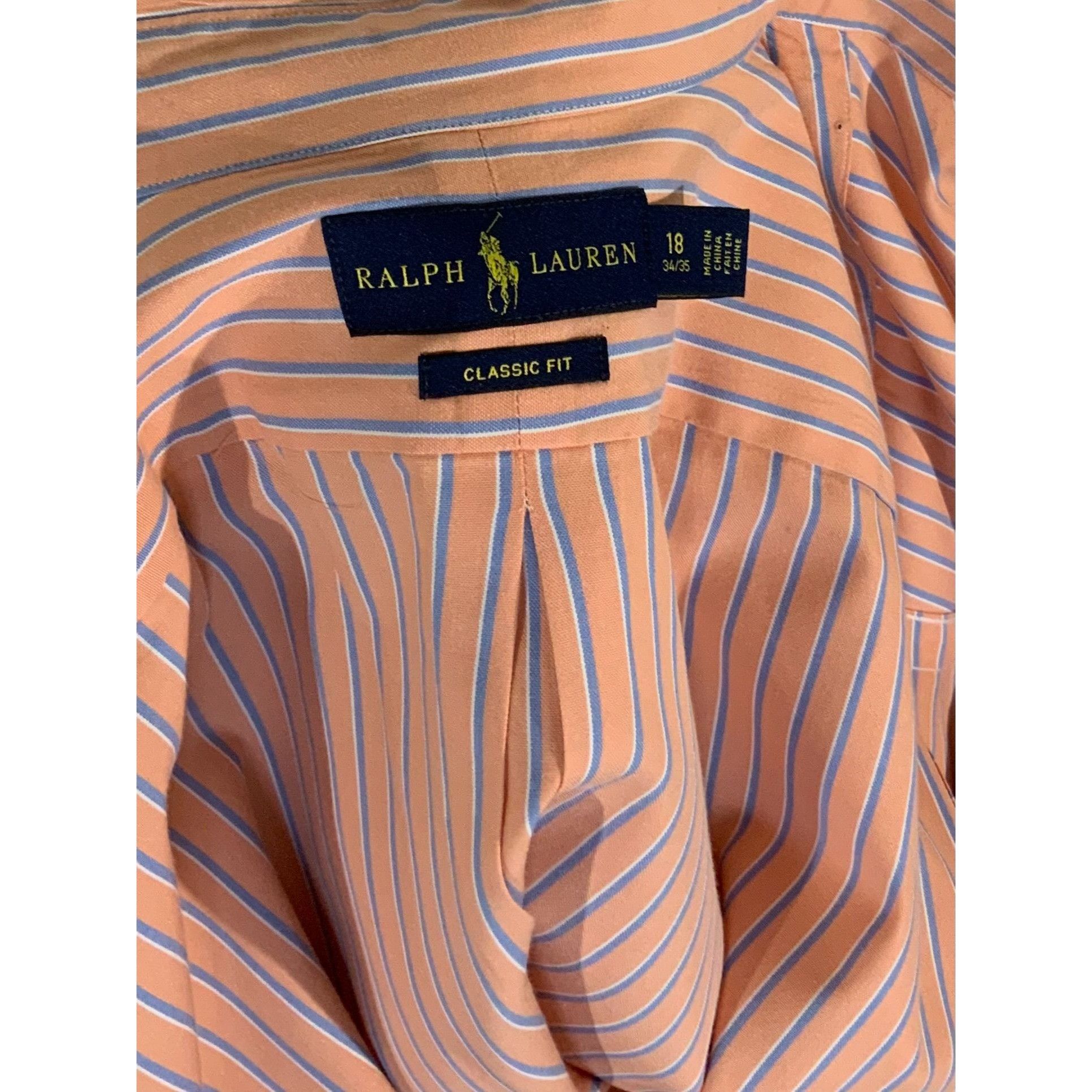 Polo Ralph Lauren Ralph Lauren Mens Classic Fit Coral Blue Striped Shirt XL Size US XL / EU 56 / 4 - 4 Thumbnail