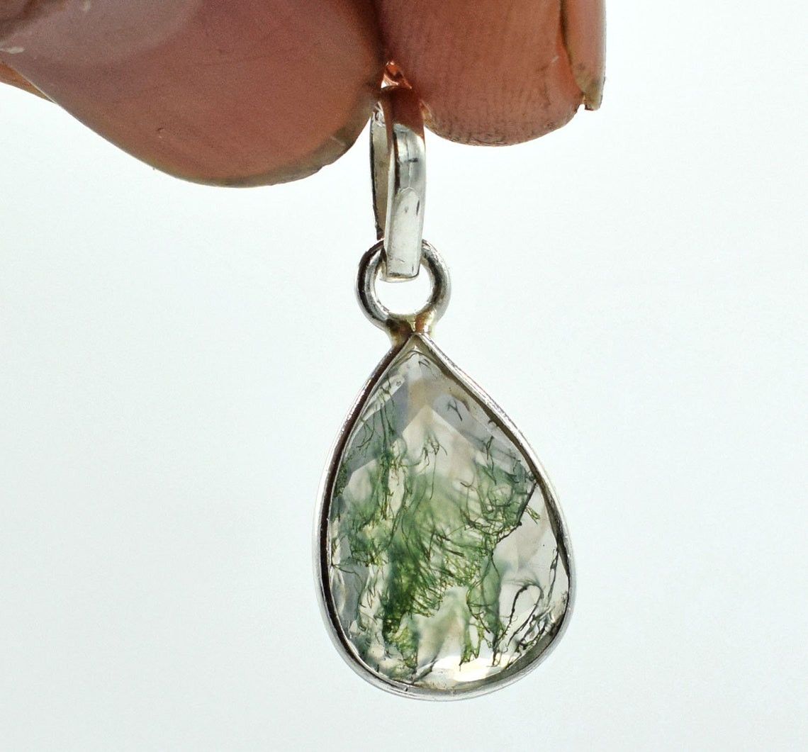Handmade 925 Silver Moss Agate Necklace Checker Cut stone Pendant Size ONE SIZE - 5 Thumbnail