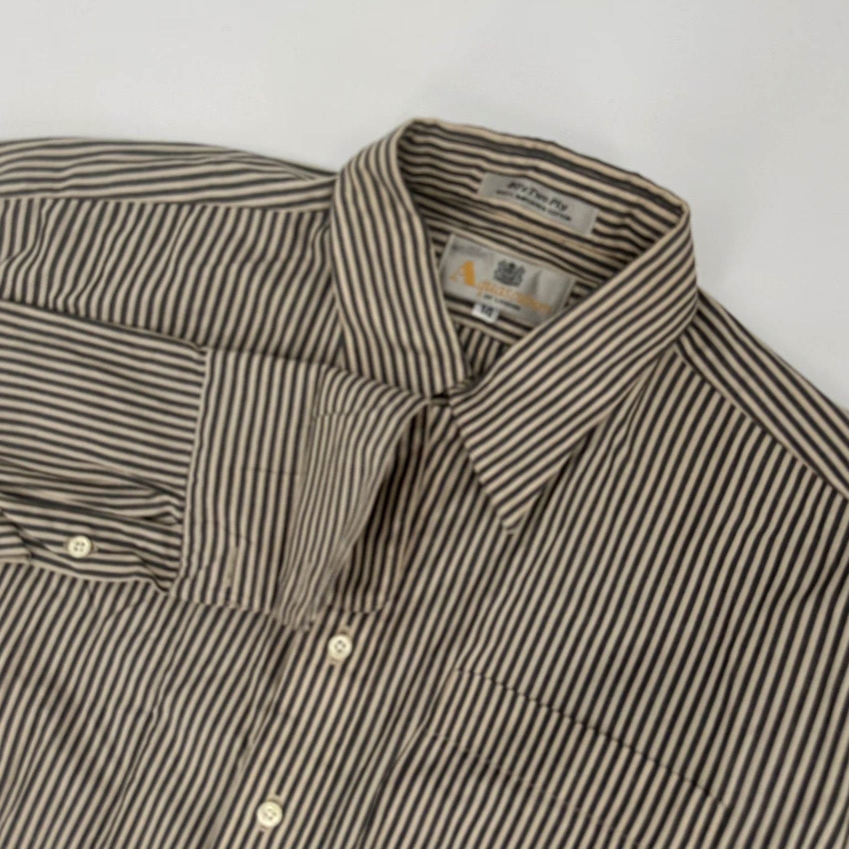 Aquascutum Aquascutum of London Womens Blouse Plus 14W Two Ply Cotton Striped Button-Front Navy Tan French Cuff 80s Size XL / US 12-14 / IT 48-50 - 2 Thumbnail