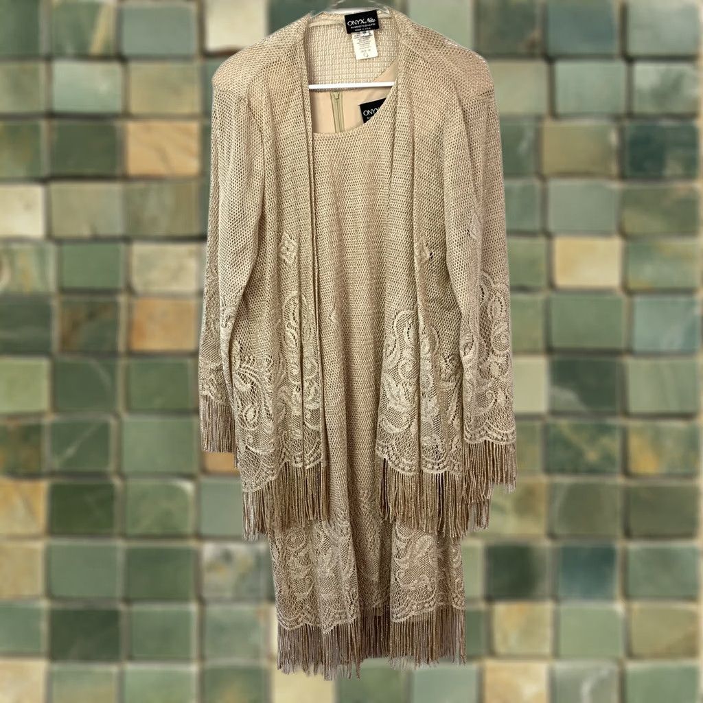 Vintage VINTAGE Onyx Nite by Wendy Chaitin Dress Cardigan Set Women 14 Beige Gold Fringe Lace Knit Open Lightweight Formal Party/Cocktail Wedding Guest Size XL / US 12-14 / IT 48-50 - 1 Thumbnail