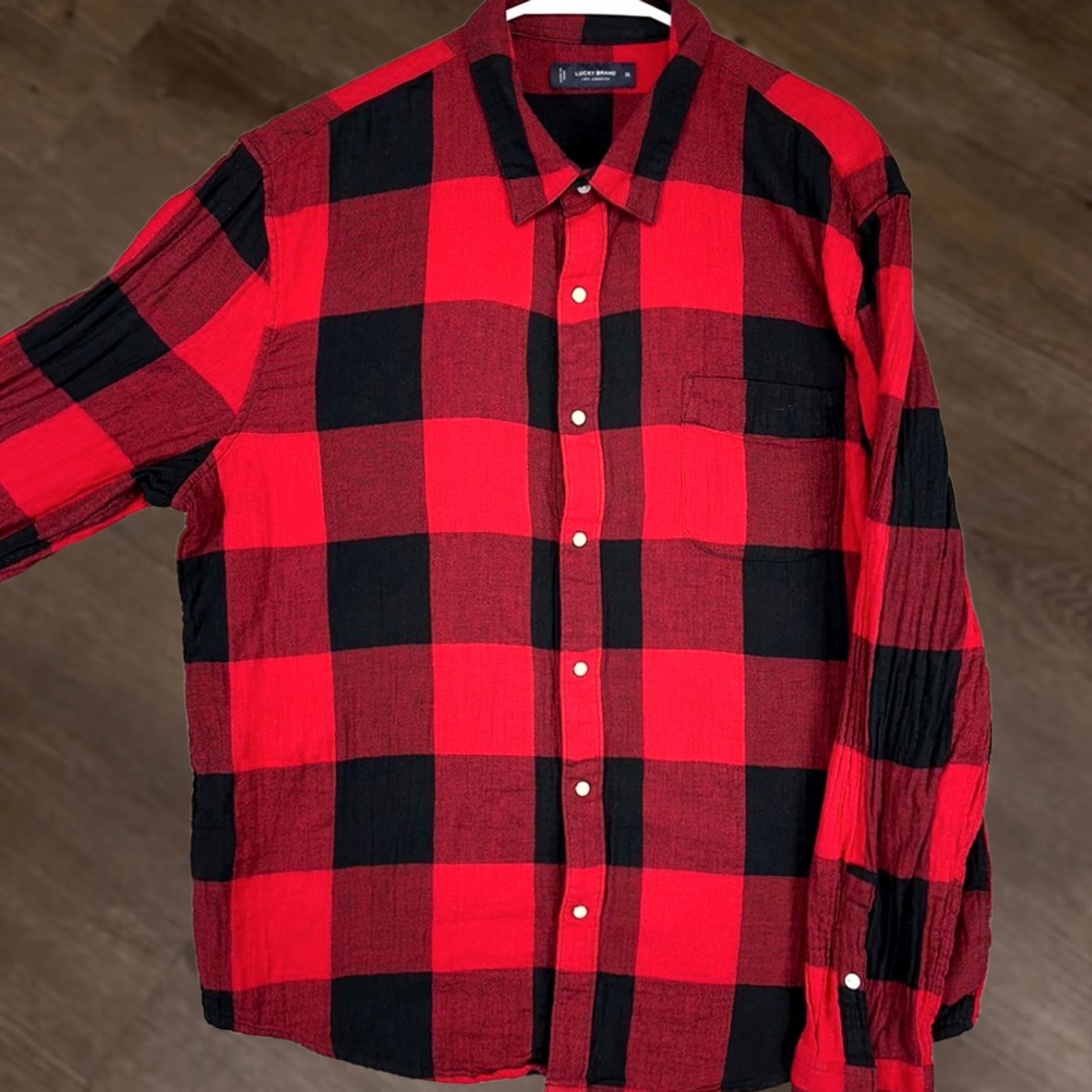 Lucky Brand Lucky Brand Shirt Mens XL Red Black Buffalo Check Button Up Pearl Snap Pocket Size US XL / EU 56 / 4 - 1 Thumbnail