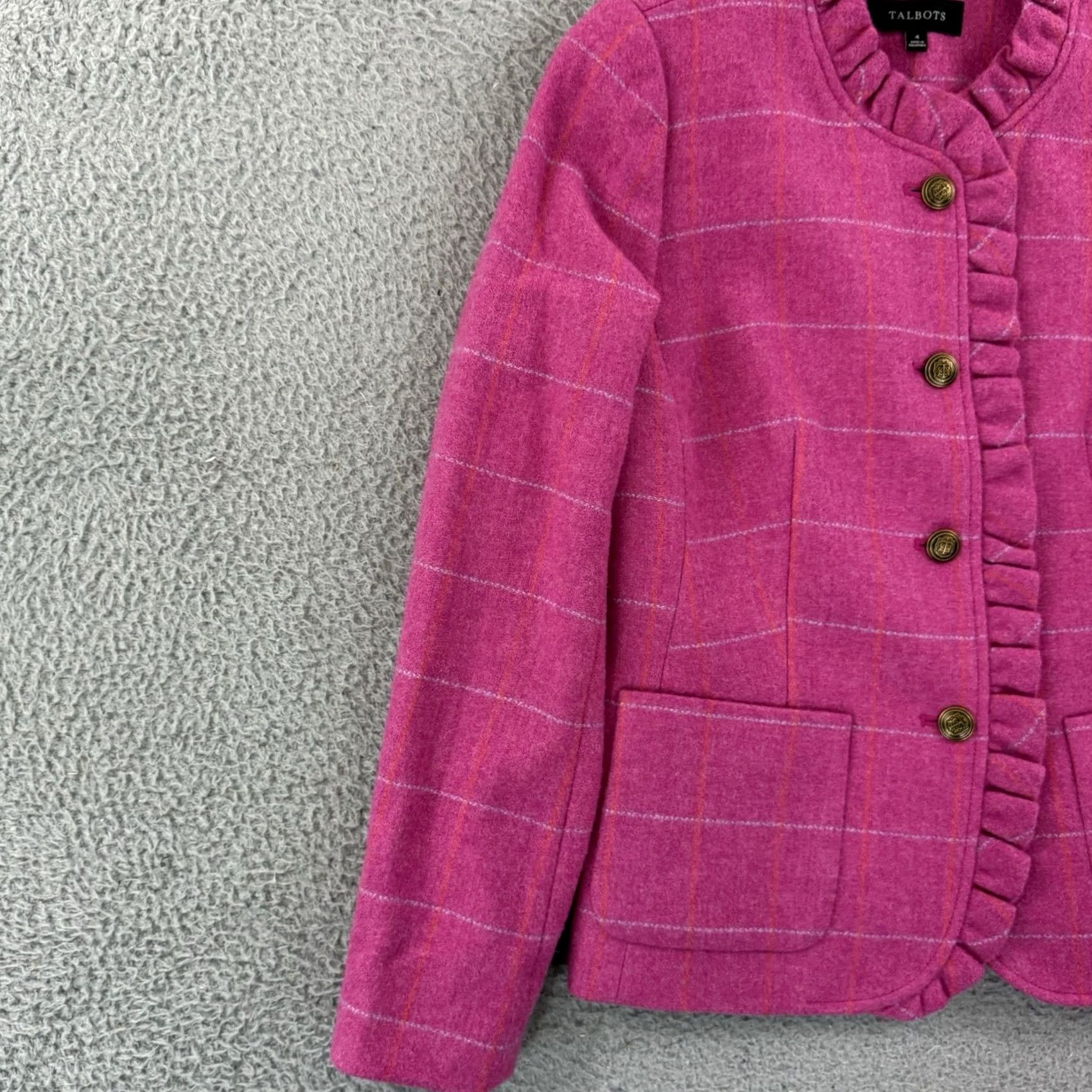 Talbots Talbots Blazer Jacket Women's 4 Pink Wool Blend Check Ruffle Preppy NWT Business Short Sleeve Coat Size S / US 4 / IT 40 - 4 Thumbnail