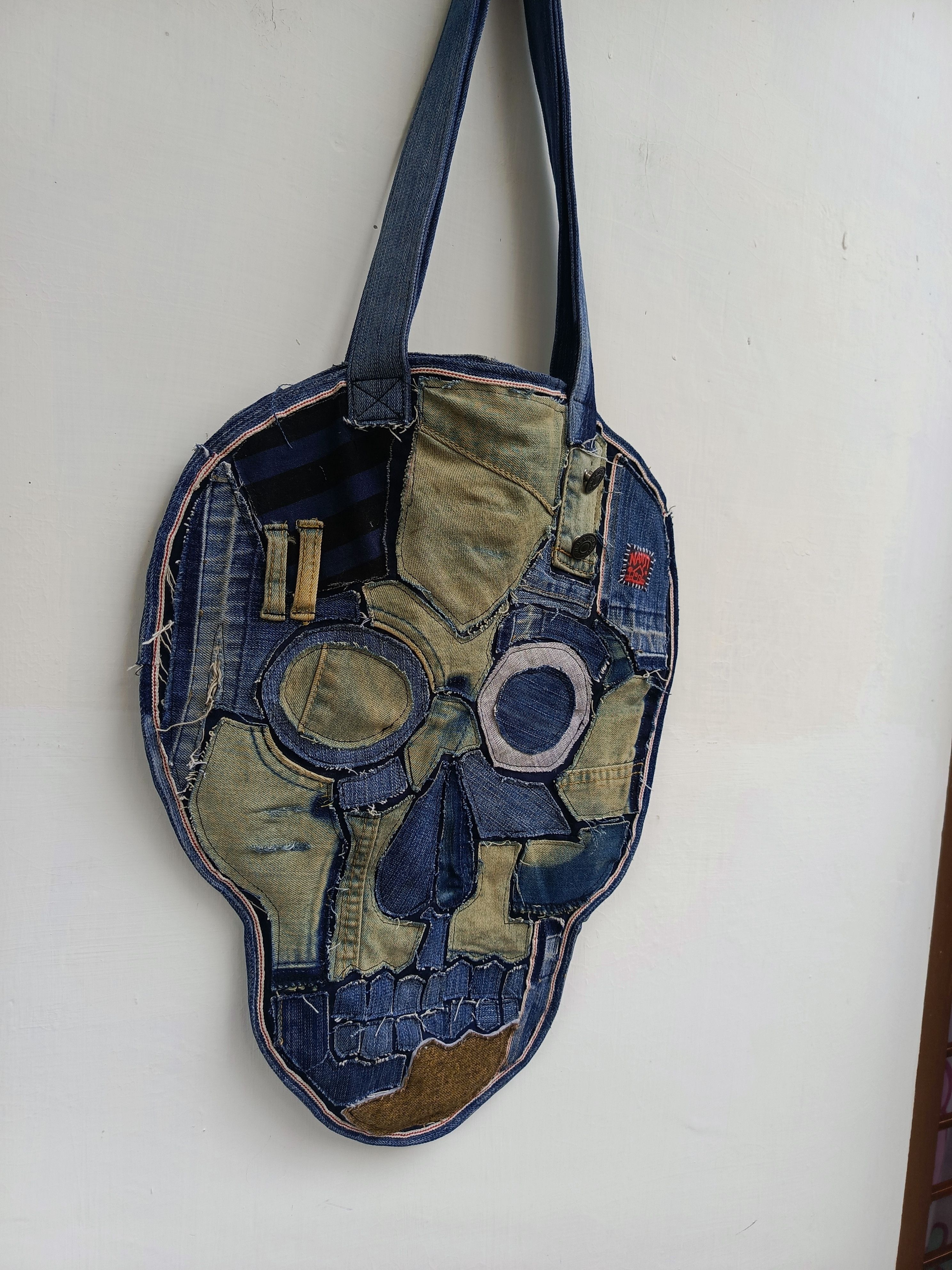 Japanese Brand Custom Denim Art Tote Bag Skull Design Size ONE SIZE - 4 Thumbnail