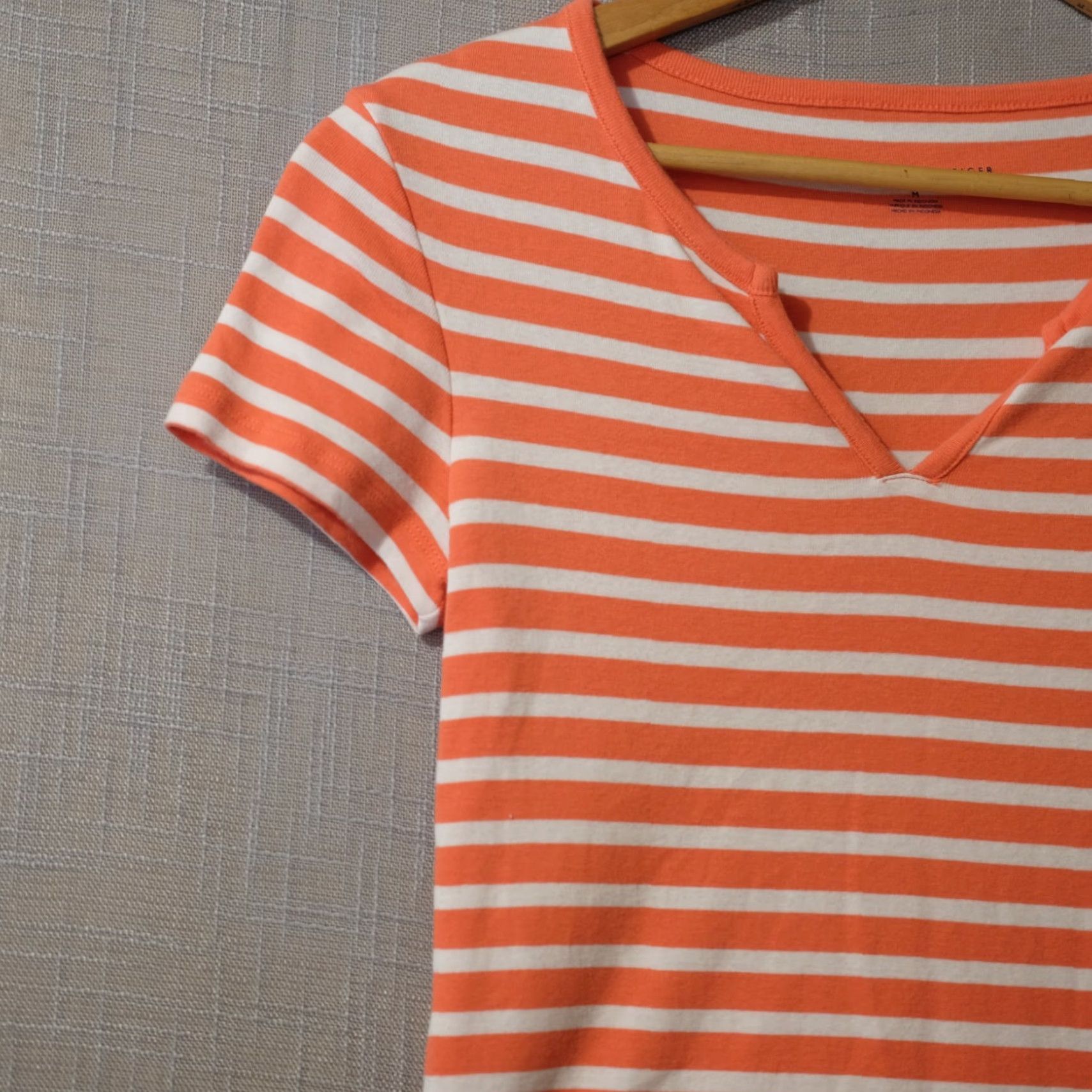 Tommy Hilfiger Tommy Hilfiger Tee Stripe V-Neck Short Sleeve 100% Cotton Women's M Orange/White Slim Casual 90s? Size 32" / US 10 / IT 46 - 2 Thumbnail