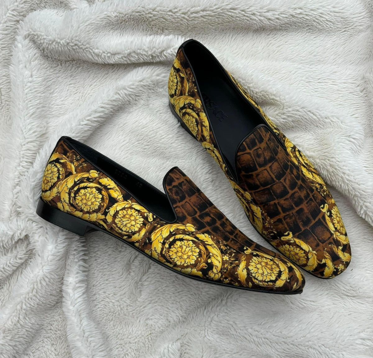Versace Brown & Gold Baroccodile Loafers