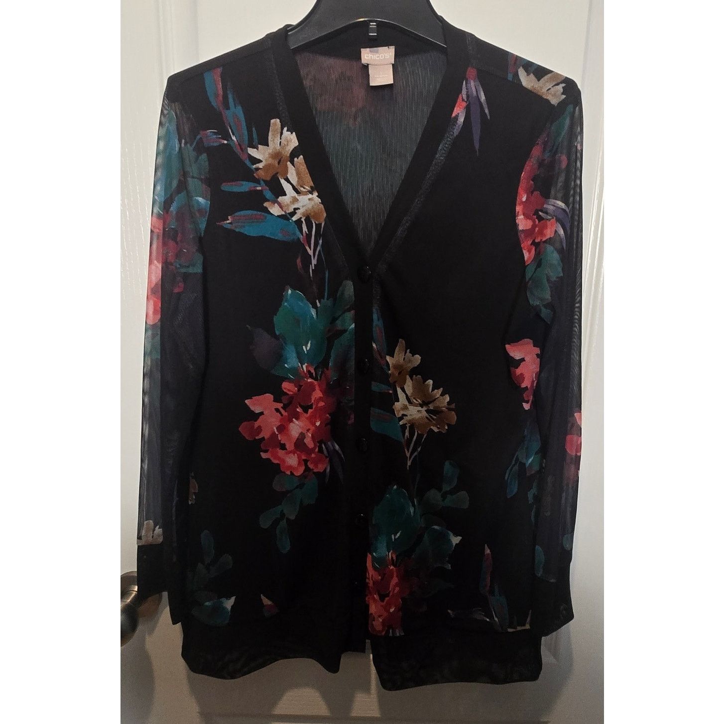 Chicos Chico's 1 US M Black Mesh Floral 3/4 Sleeve button cardigan Size M / US 6-8 / IT 42-44 - 2 Thumbnail