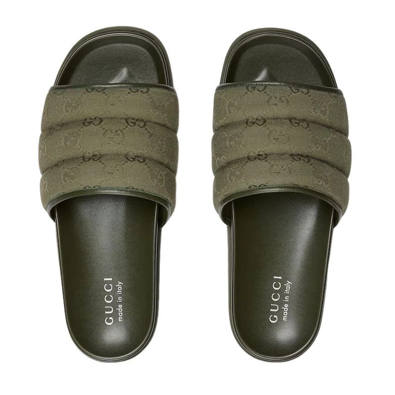 GUCCI Men's Dark Green Padded GG Slides New