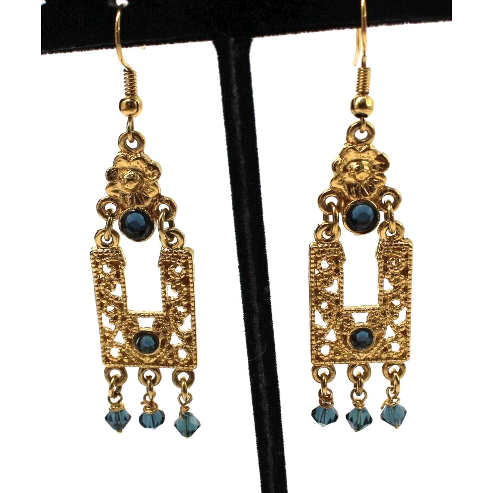 Other Dark Blue Rhinestone Bead Dangle Filigree Earrings • 2" Drop Size ONE SIZE - 1 Thumbnail
