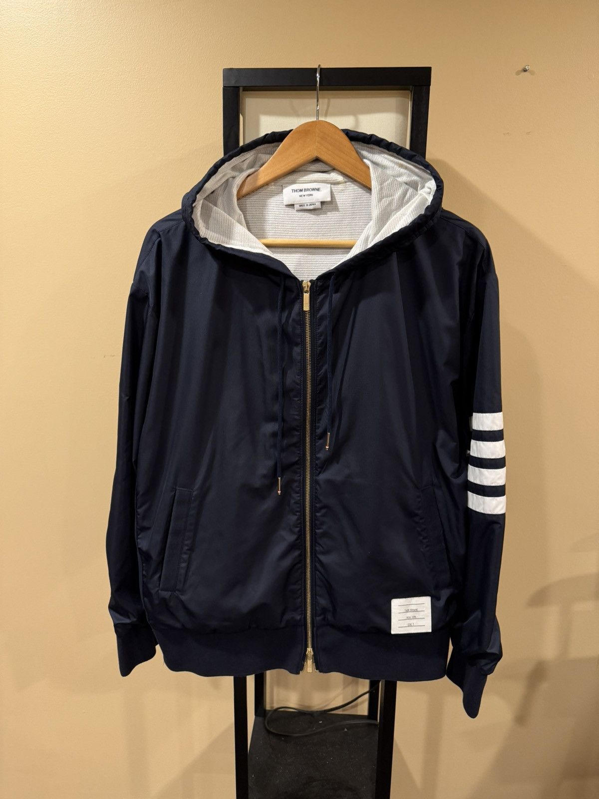 Thom Browne Tech Windbreaker 4-Bar Stripe Logo Navy Jacket