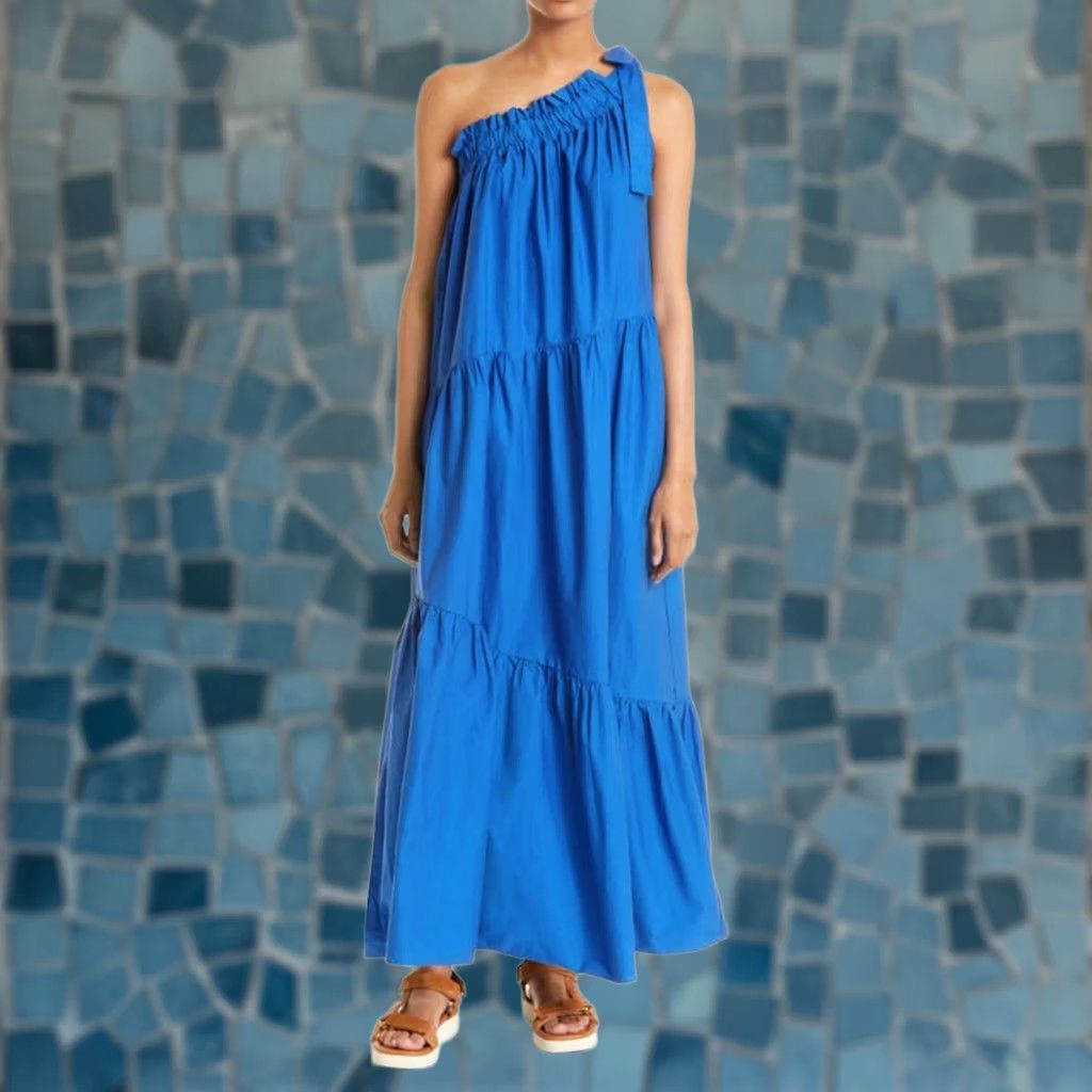 Xirena XIRENA Maisie Maxi Dress One Shoulder Cotton Poplin Blue Pockets Women's M Size M / US 6-8 / IT 42-44 - 1 Thumbnail