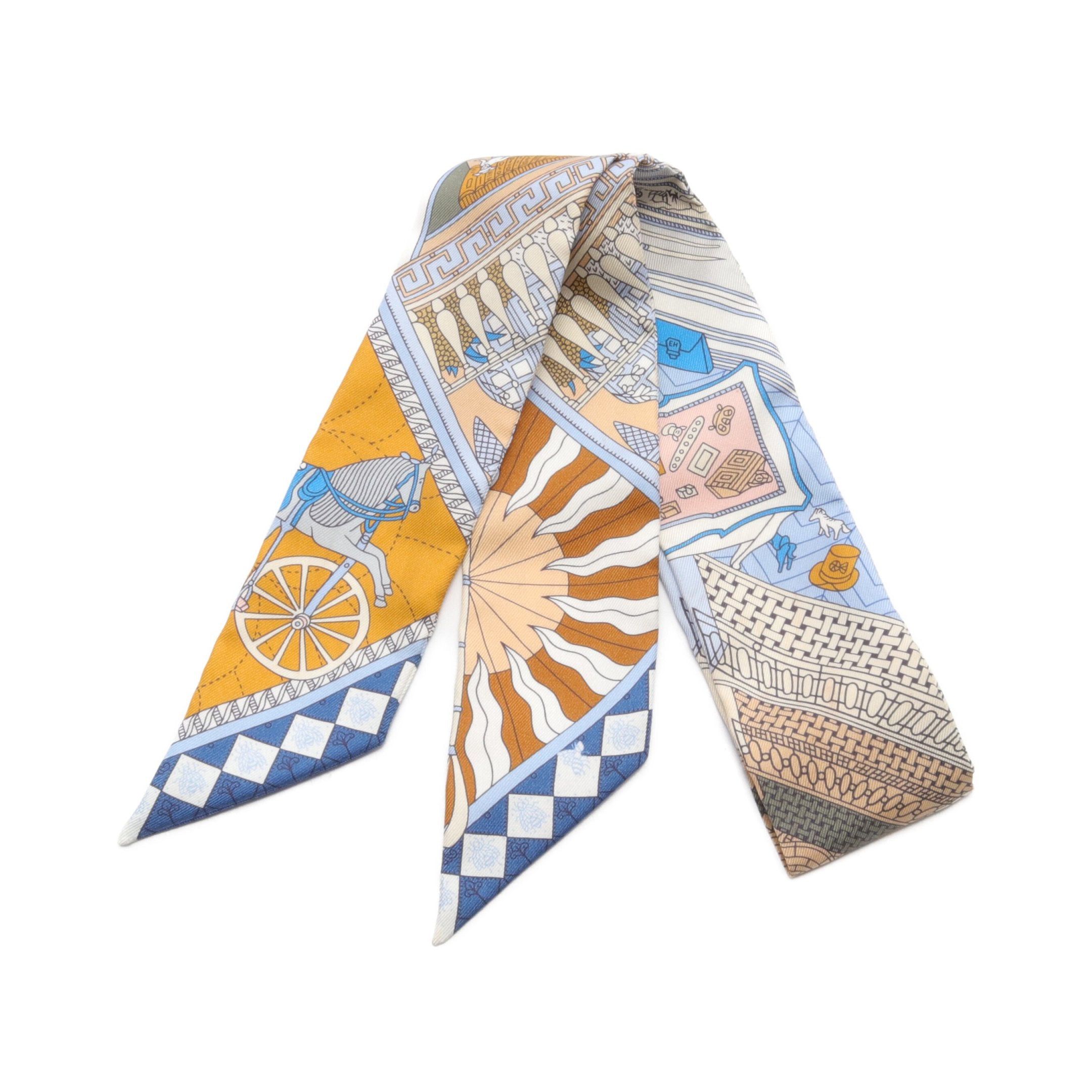 Hermes Hermes Twilly Objets De Curiosite Ribbon Scarf Silk Light Blue Multicolor Size ONE SIZE - 1 Thumbnail