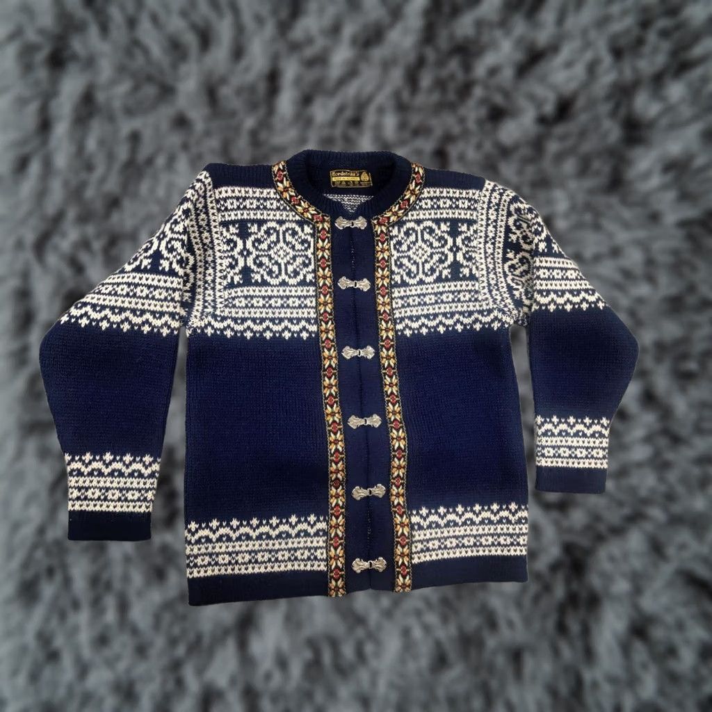 Vintage VINTAGE Nordstrikk Norwegian Wool Pattern Knit Cardigan sweater Men XS? No size? 90s Fair Isle Blue Wool Cardigan Size US M / EU 48-50 / 2 - 1 Thumbnail
