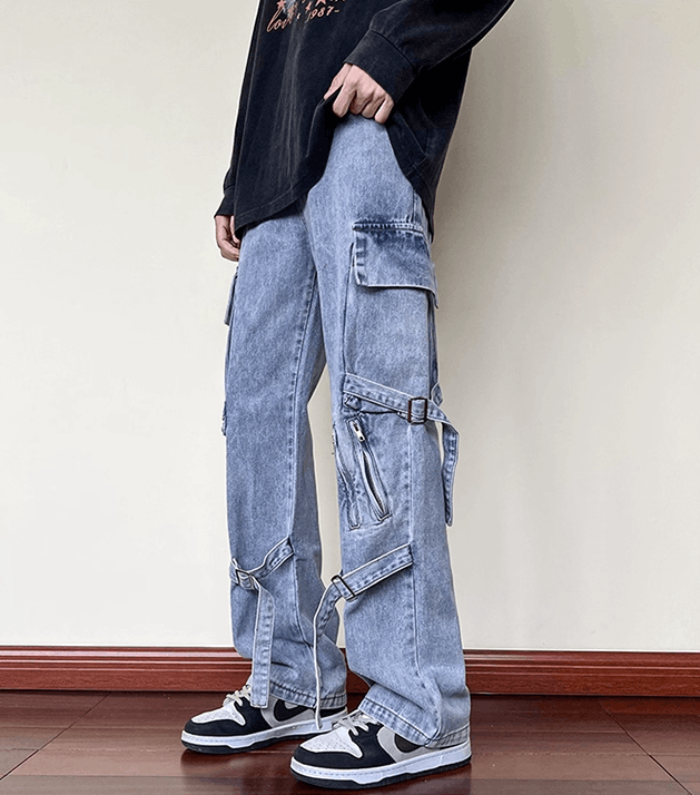 Jean Street trend men's straight zipper cargo lace-up jeans Size US 32 / EU 48 - 2 Thumbnail