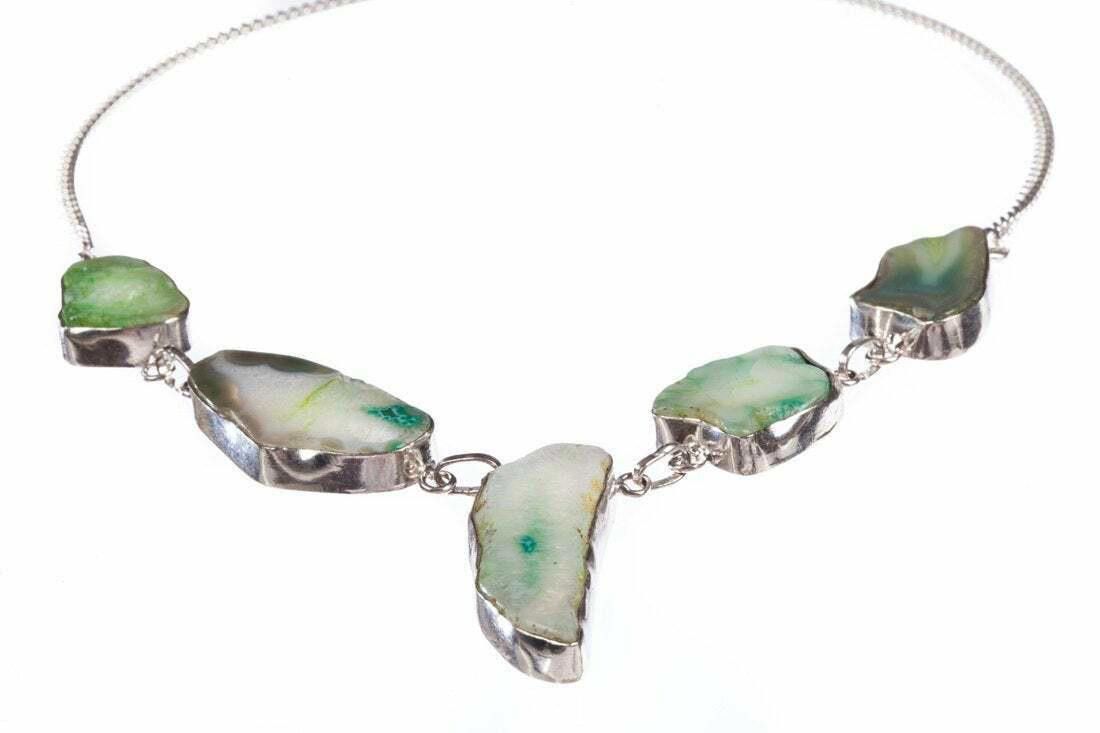 Handmade Sterling and Green Druzy Agate Stone Bezel Set Necklace Size ONE SIZE - 4 Thumbnail