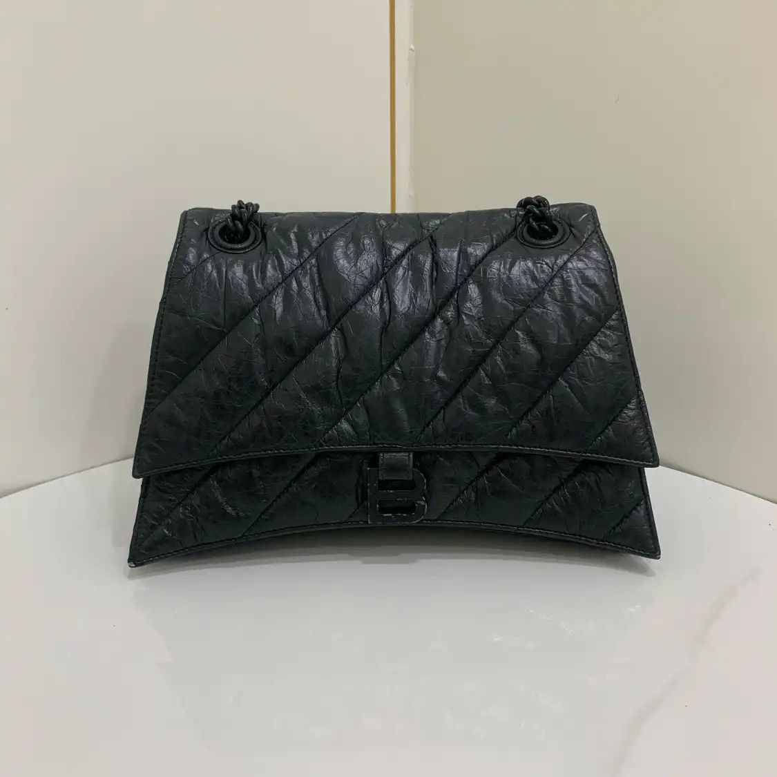 Balenciaga Crush Medium Black Cowhide Leather Quilted Hourglass Crossbody Bag, Women's