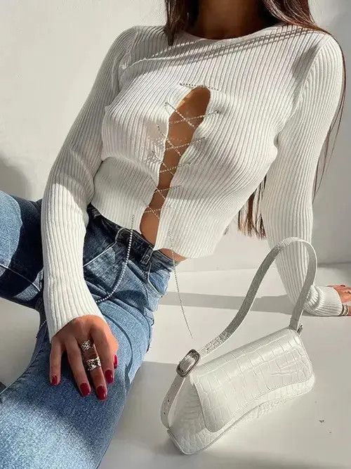 Japanese Brand Chain Bandage Knit T-Shirt for Women Chic Casual Size ONE SIZE - 3 Thumbnail
