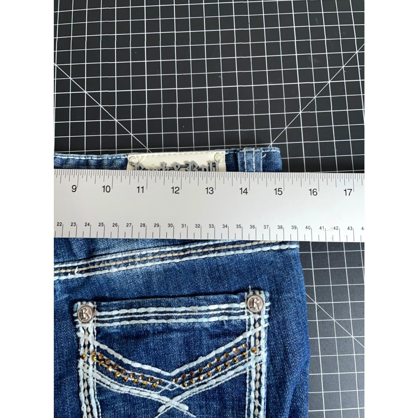 Vintage VINTAGE? No — Rock & Roll Cowgirl Jeans Bootcut Denim 5-Pocket Womens 27 x 34 Dark Blue Rhinestone Accents 90s Theme Womens Jeans Size 27" / US 4 / IT 40 - 6 Thumbnail