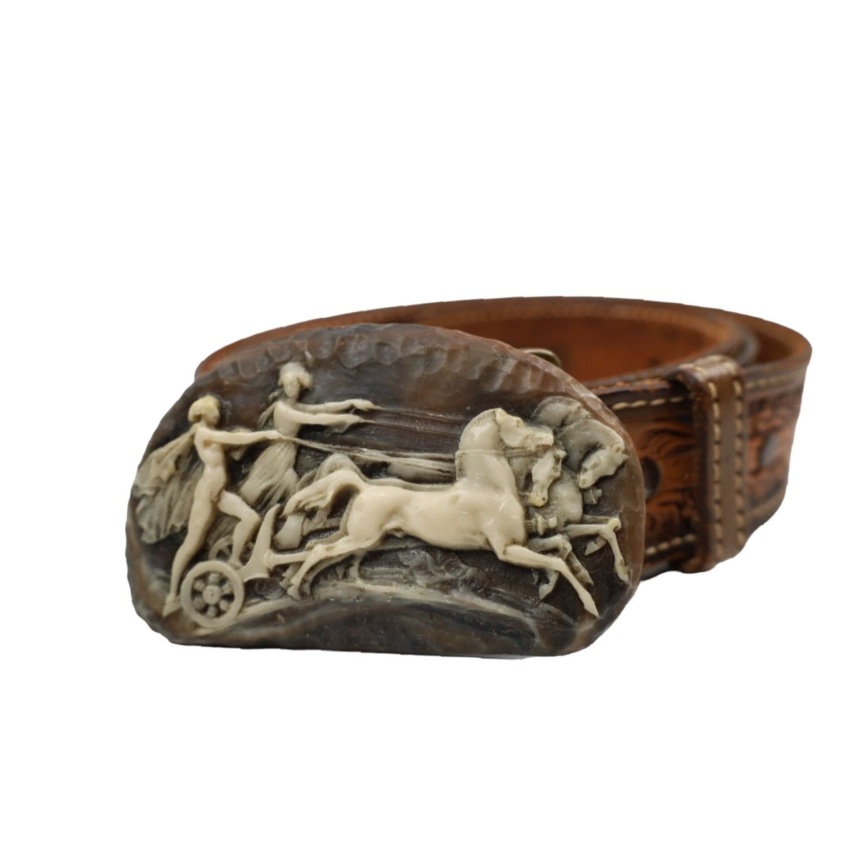 Vintage VINTAGE Carves Chariot Belt Buckle W/Tex Tan Woven Leather Belt Brown 38" Men's Belt Buckle 38" Brown Vintage Mens Size 38 - 2 Thumbnail