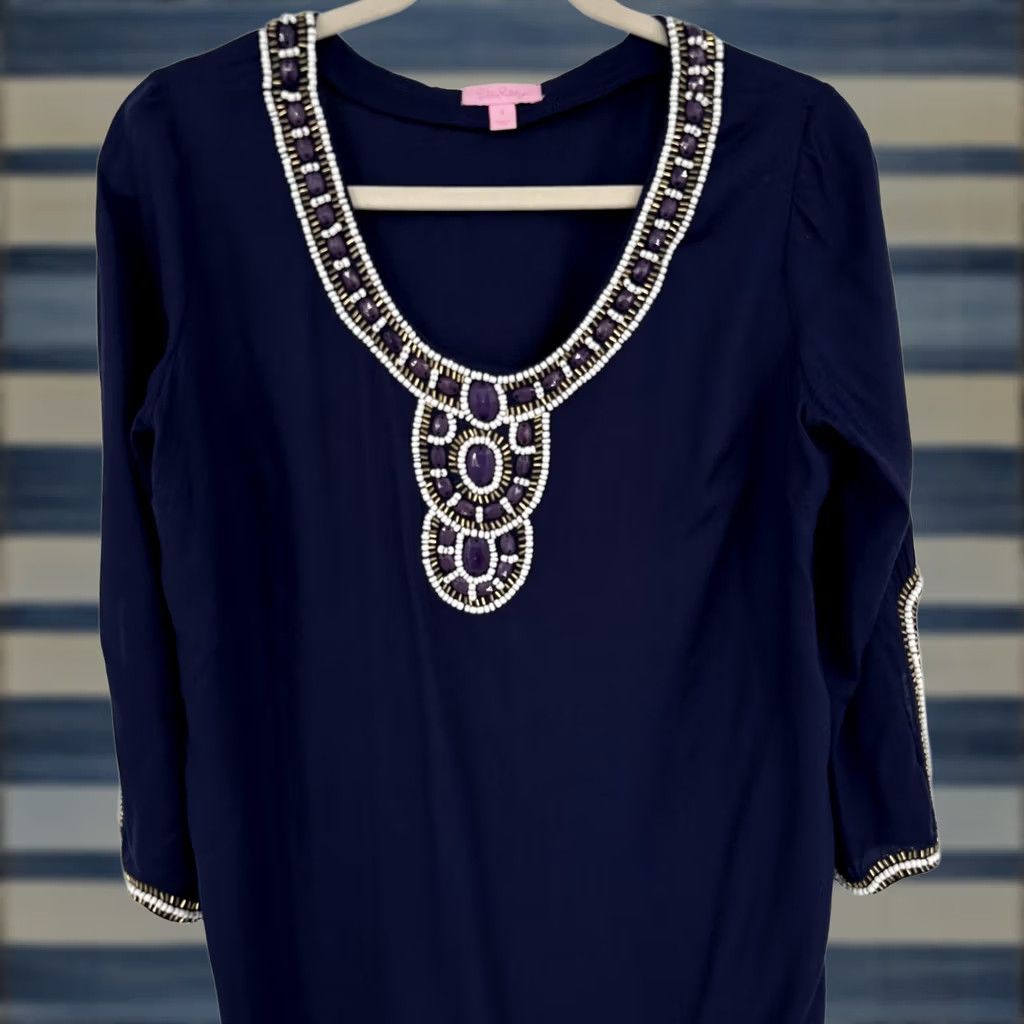 Lilly Pulitzer Lilly Pulitzer Dress Womens Small Navy Beaded Embellished Tunic Shift 3/4 Sleeve Size S / US 4 / IT 40 - 1 Thumbnail
