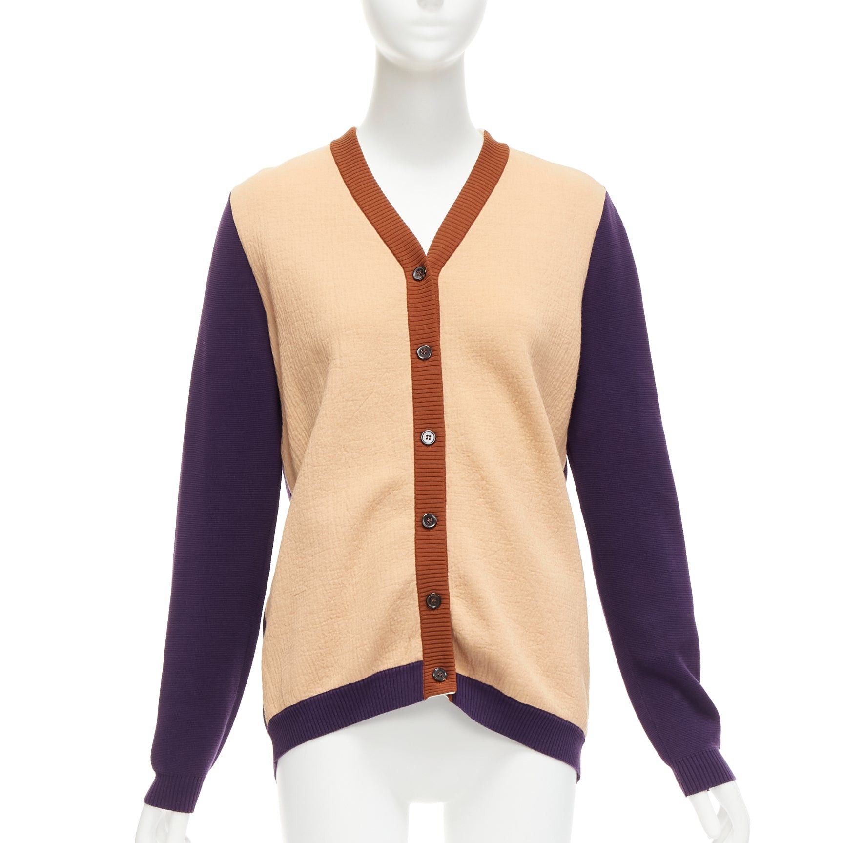 Marni MARNI beige purple colorblocked mixed material cardigan sweater IT40 S Size S / US 4 / IT 40 - 1 Thumbnail
