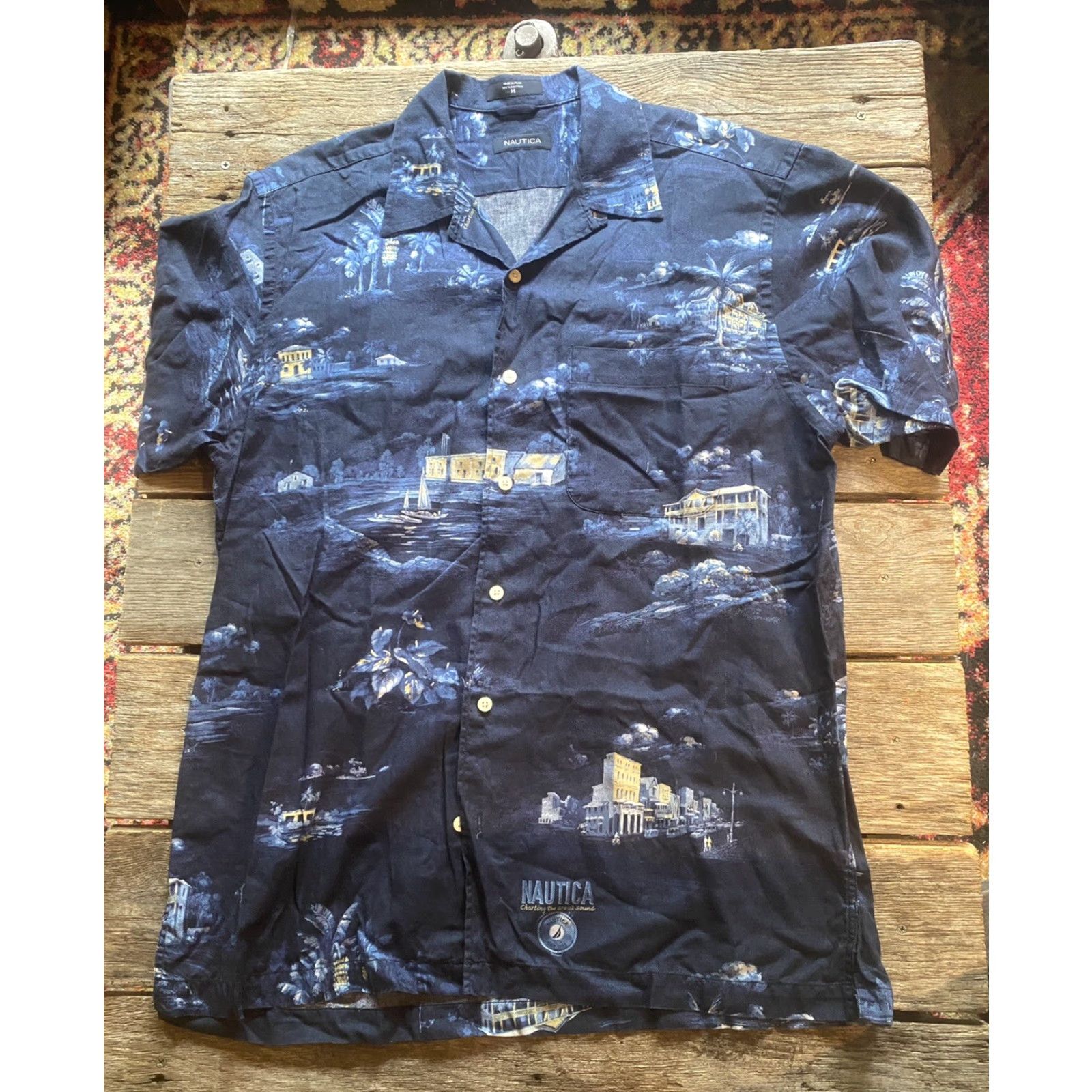 Nautica Nautica Button-Up Dress Shirt Adult Medium Blue Floral Hawaiian Island Mens Shirt Casual Button-Front Long Sleeve White Cotton Size 40R - 2 Thumbnail