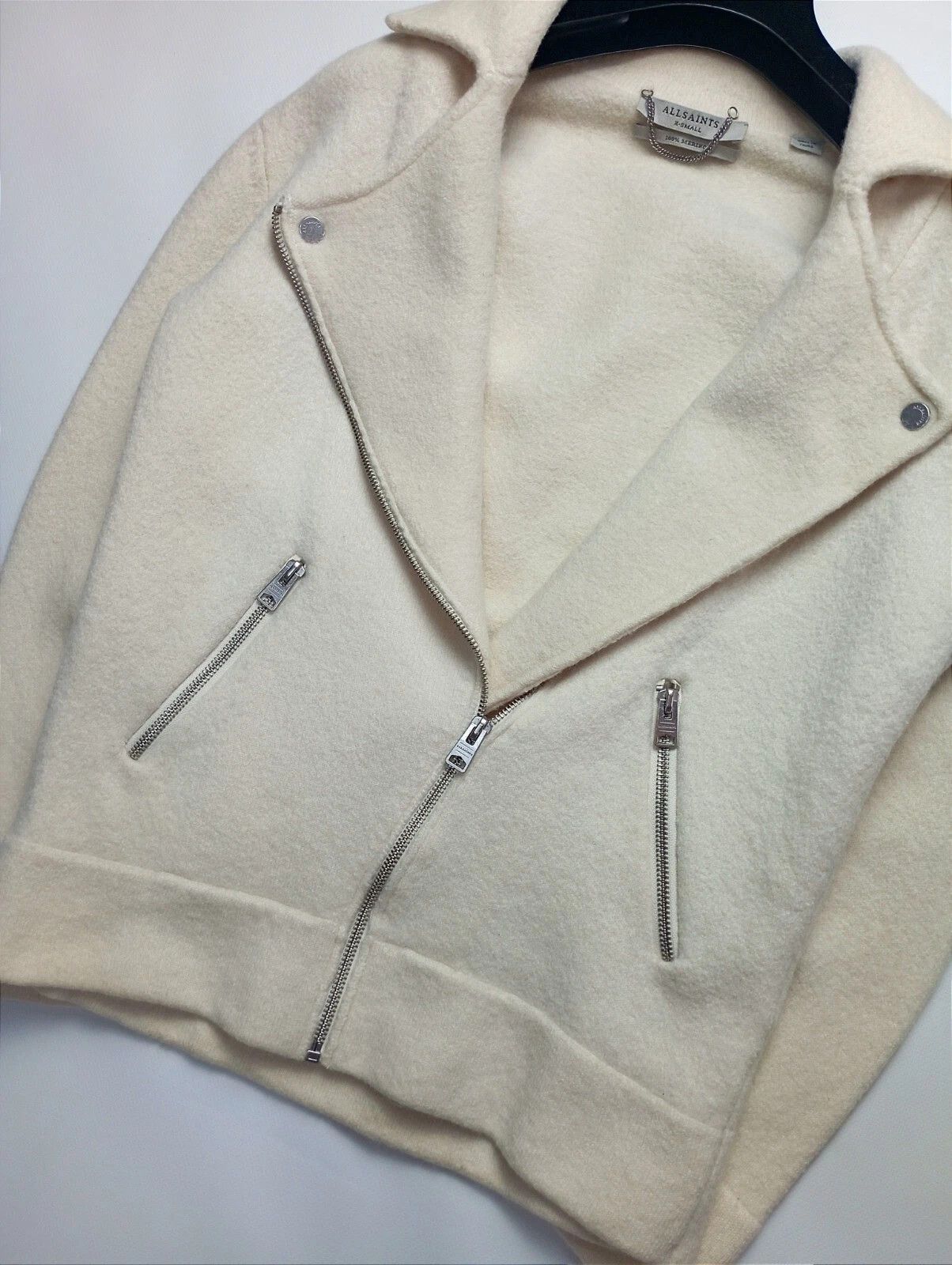 Allsaints AllSaints Robyn Biker Merino Wool Jacket Ivory – Size XS–S Size XS / US 0-2 / IT 36-38 - 7 Thumbnail