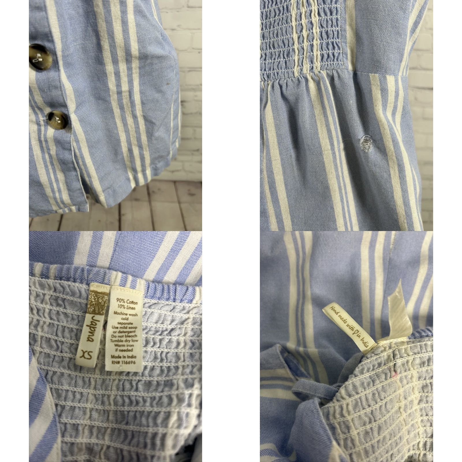 Vintage Japna Romper Linen Blend Striped Button Front Blue White Sleeveless V Neck XS Size 26" / US 2 / IT 38 - 8 Thumbnail