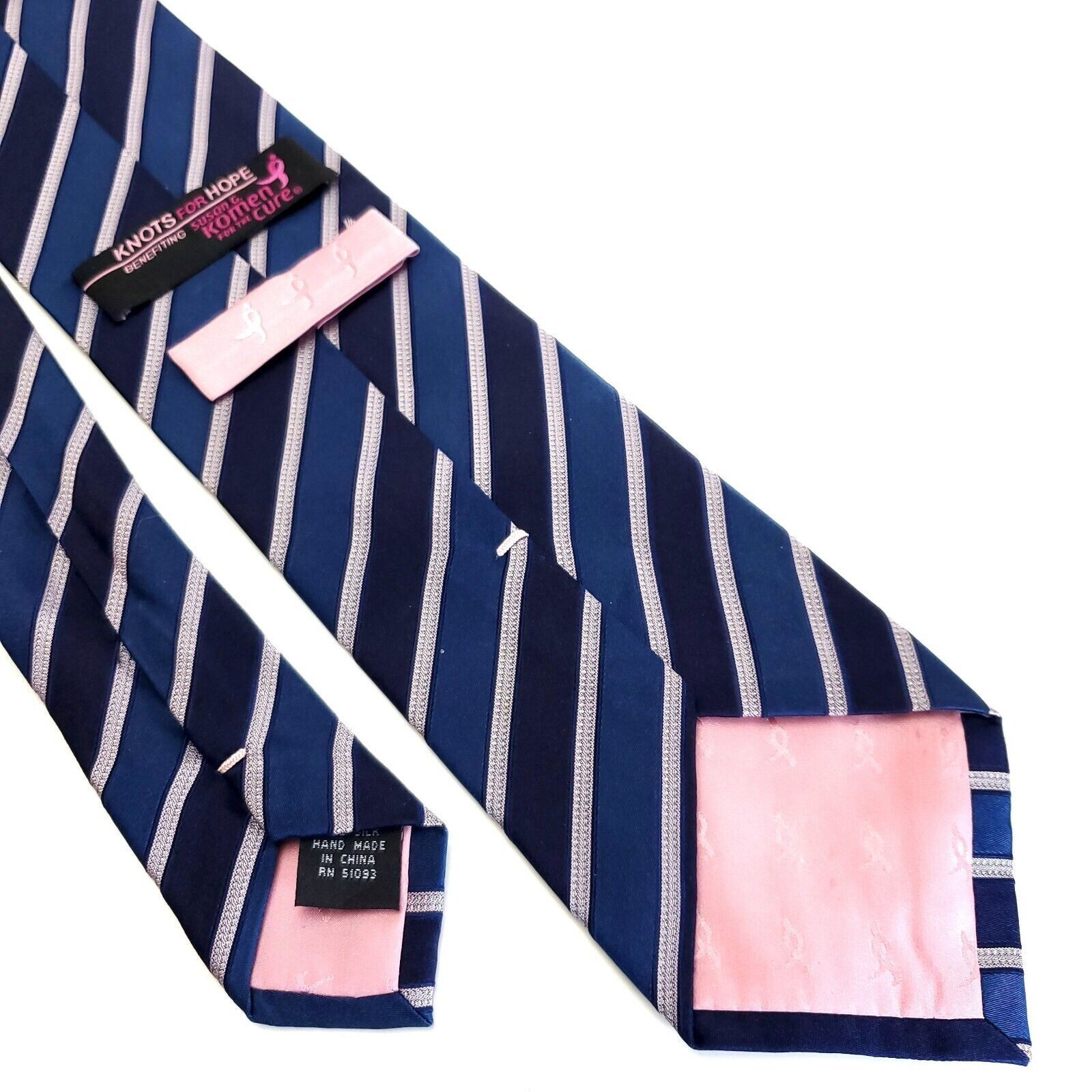 Vintage Knots For Hope Breast Cancer Blue Woven Striped Silk Tie Size ONE SIZE - 5 Thumbnail