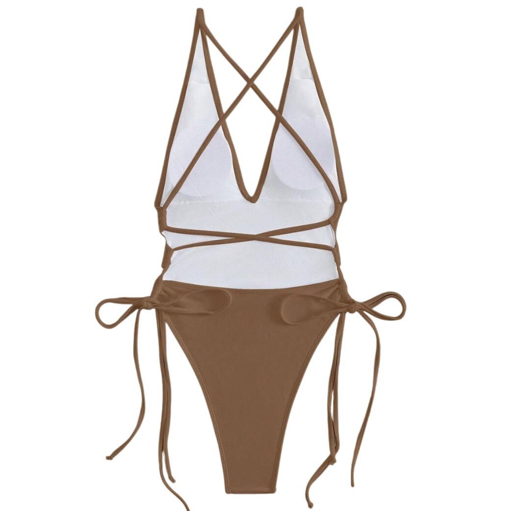 Shein Cross Strap Backless One-Piece Swimsuit in Brown, Size M Size ONE SIZE - 2 Thumbnail