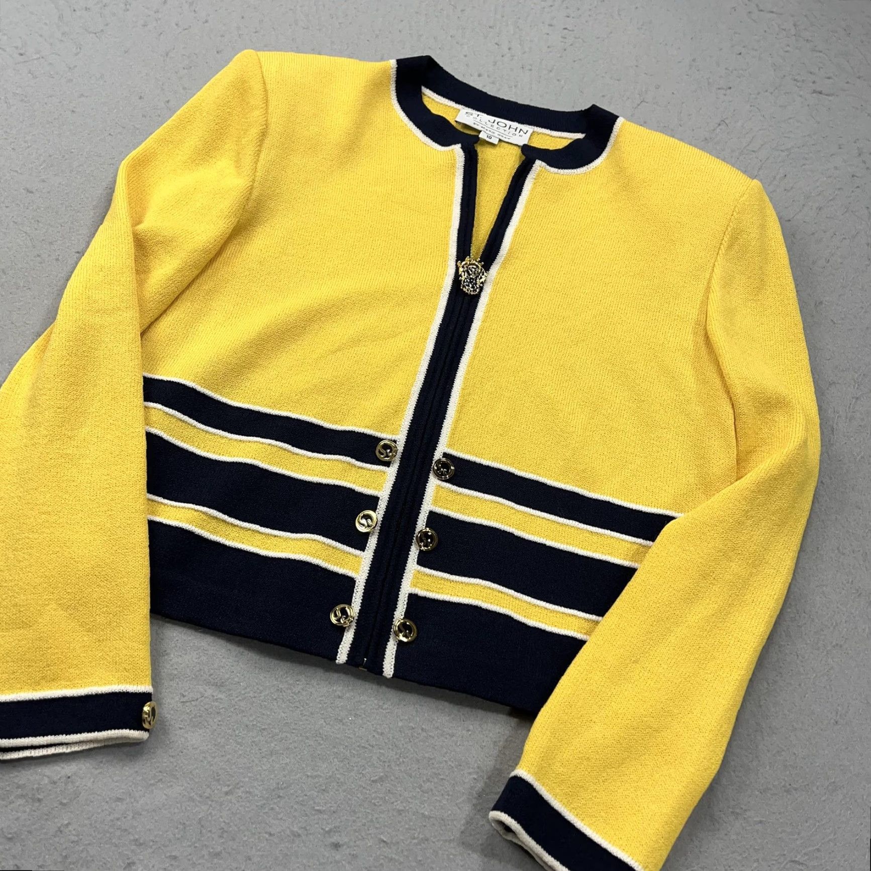 Vintage VINTAGE St John Collection Sweater Jacket Womens 10 Yellow Santana Full Zip Cardigan Knit Crew Neck Striped 80s 90s Designer Womens Size L / US 10 / IT 46 - 3 Thumbnail