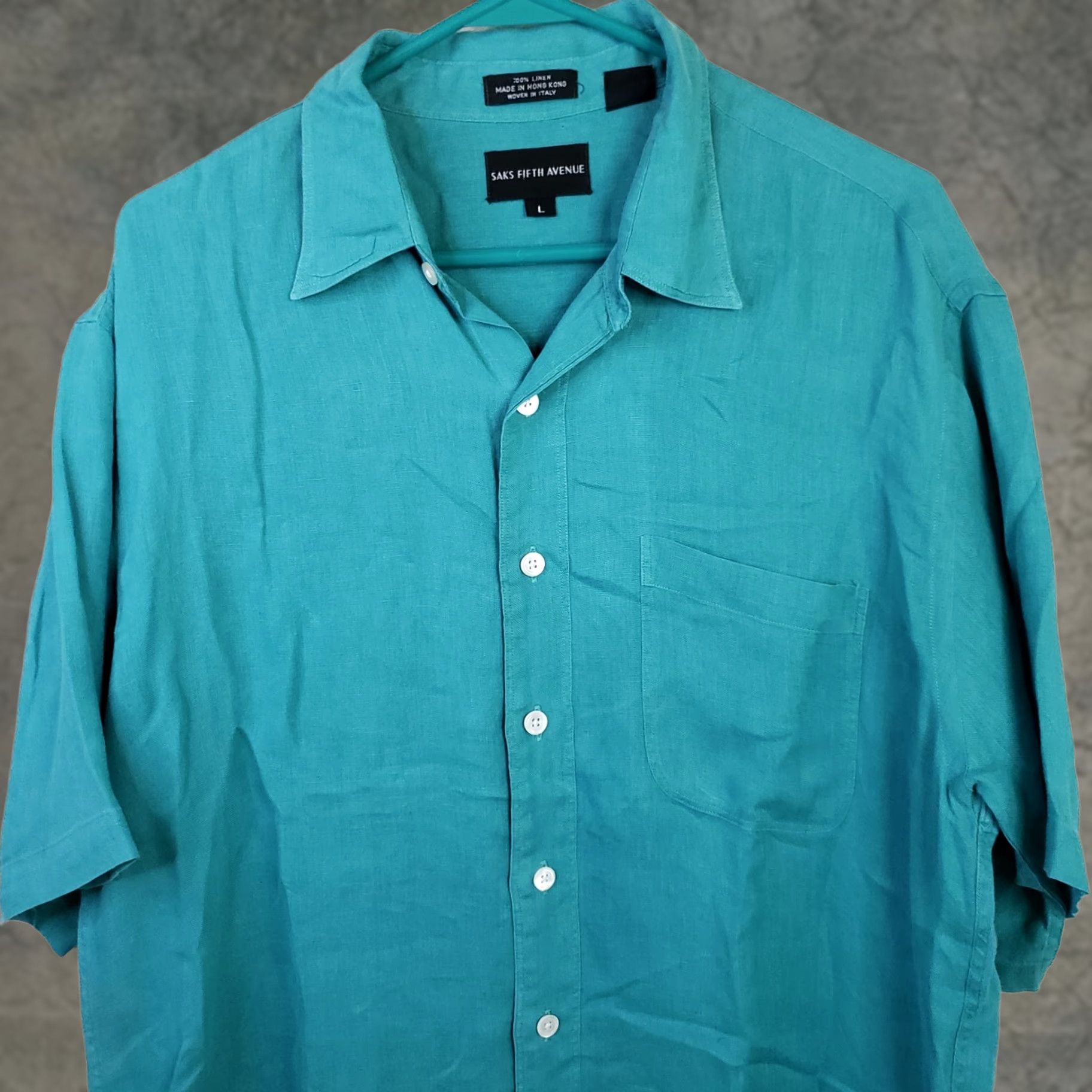 Saks Fifth Avenue Saks Fifth Avenue Shirt Mens L Aqua Linen Short Sleeve Button-Up Closet Classic 1 Pocket Button-Down Collar Front Size US L / EU 52-54 / 3 - 1 Thumbnail