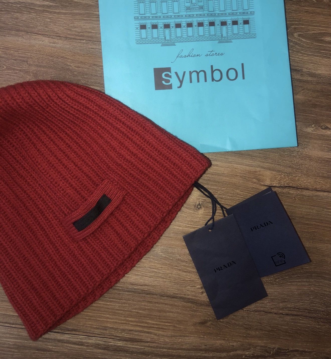 *NEW* PRADA Red Wool Logo Beanie Hat Rubber raf Simons