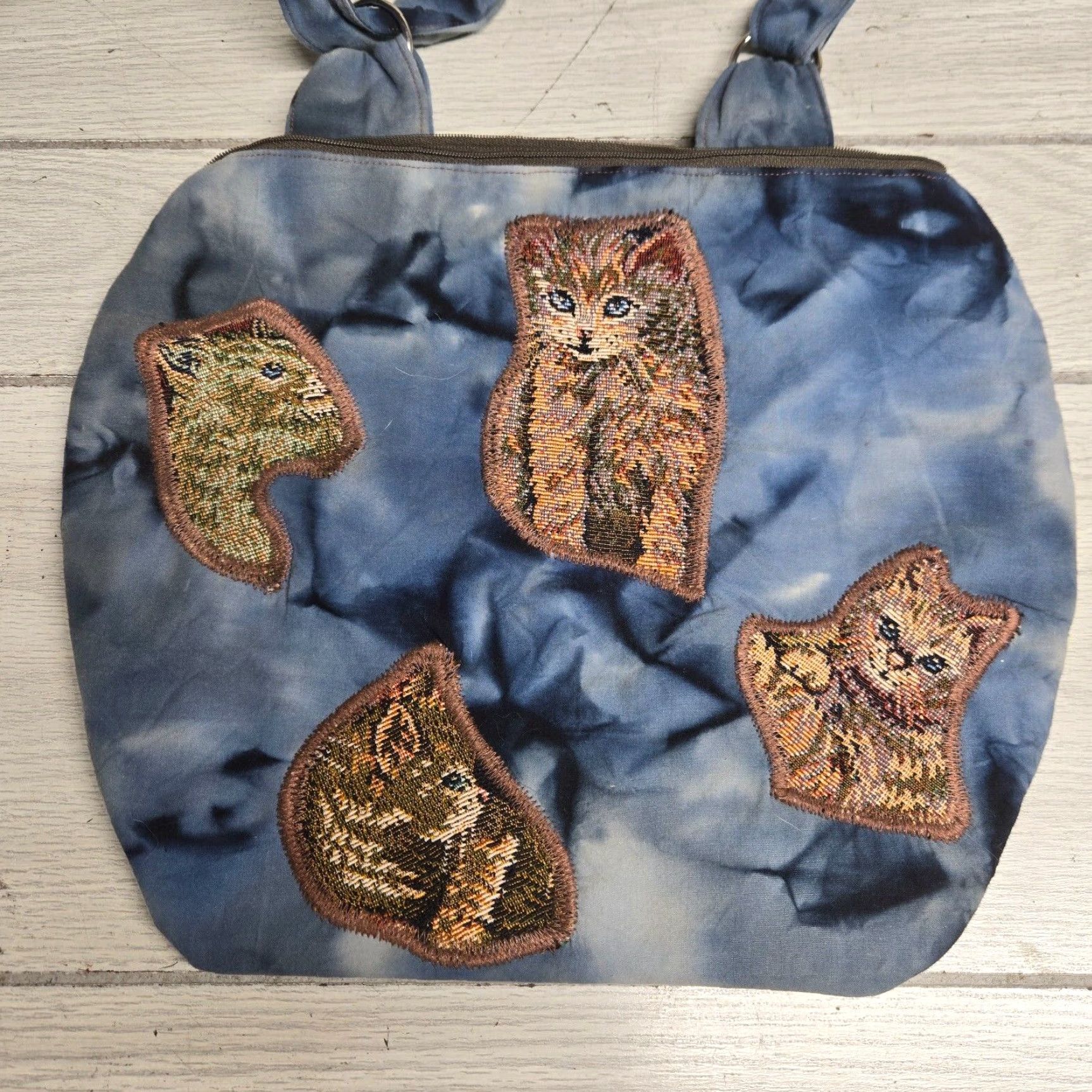 Vintage Blue Cotton Shoulder Bag Medium Size Cat Animal Print Purse Womens Size ONE SIZE - 2 Thumbnail
