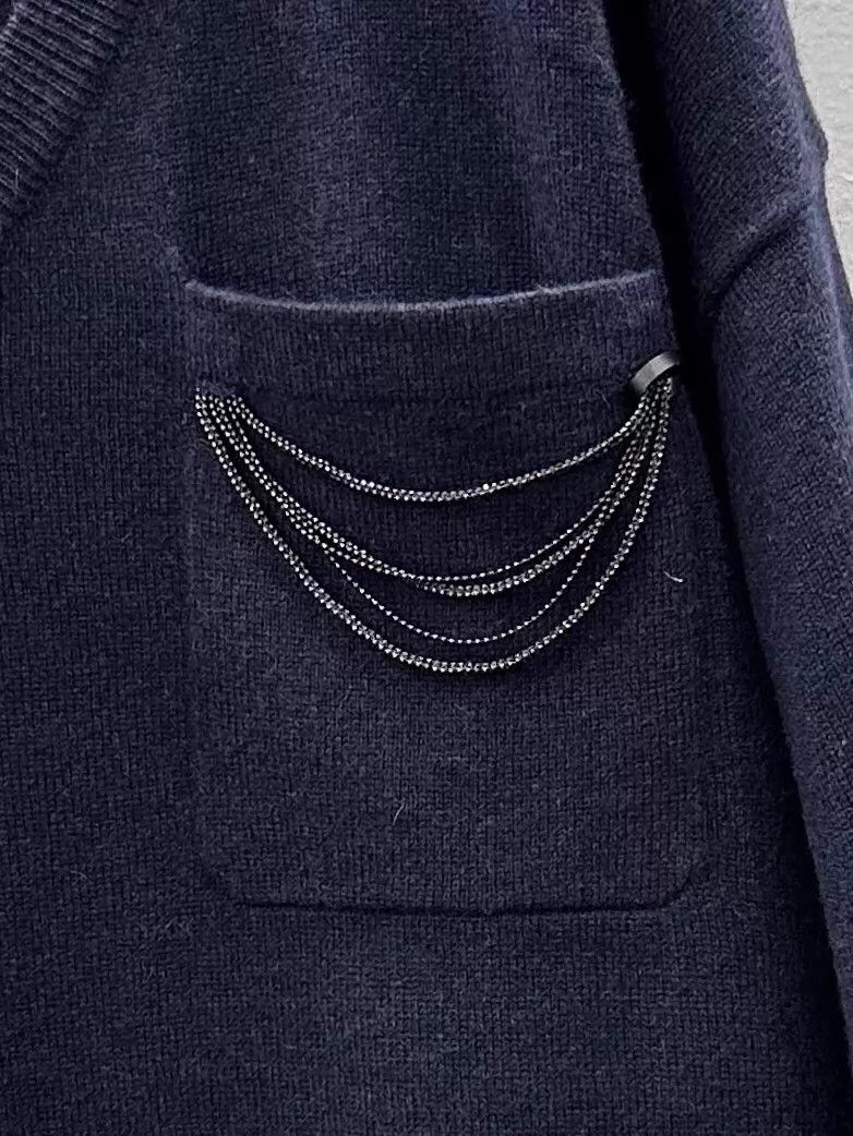 Brunello Cucinelli BC Men's V-neck Navy Cashmere Sweater S w/ Pocket Chain Logo Size US S / EU 44-46 / 1 - 3 Thumbnail