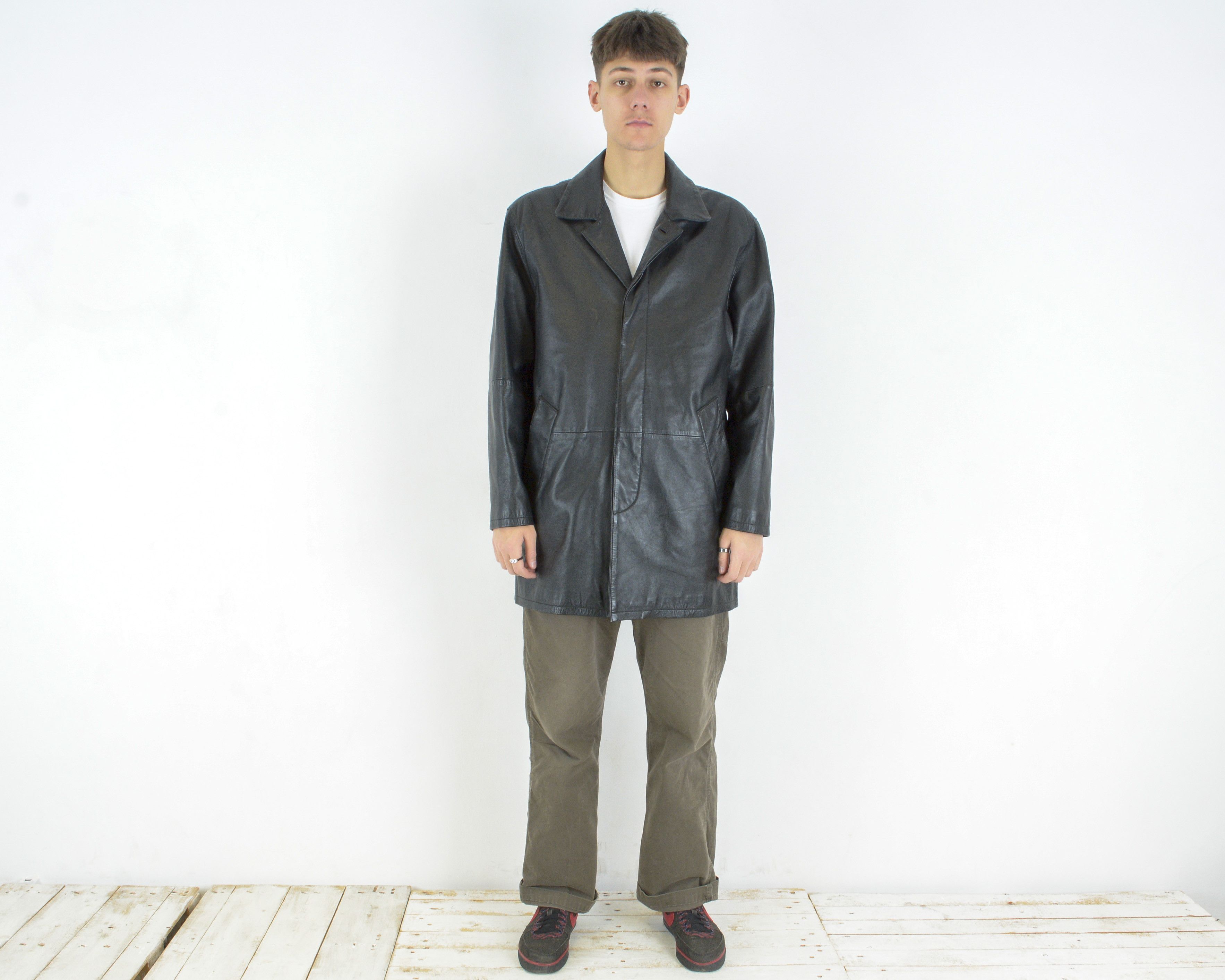 image of Angelico Litrico L Real Genuine Leather Coat Jacket Buttons in Black, Men's (Size Large)