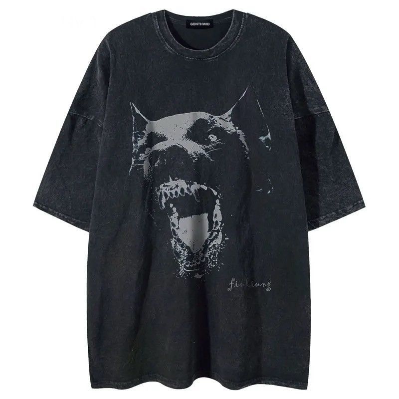 Harajuku Men Dog Graphic Printed Vintage T Shirt