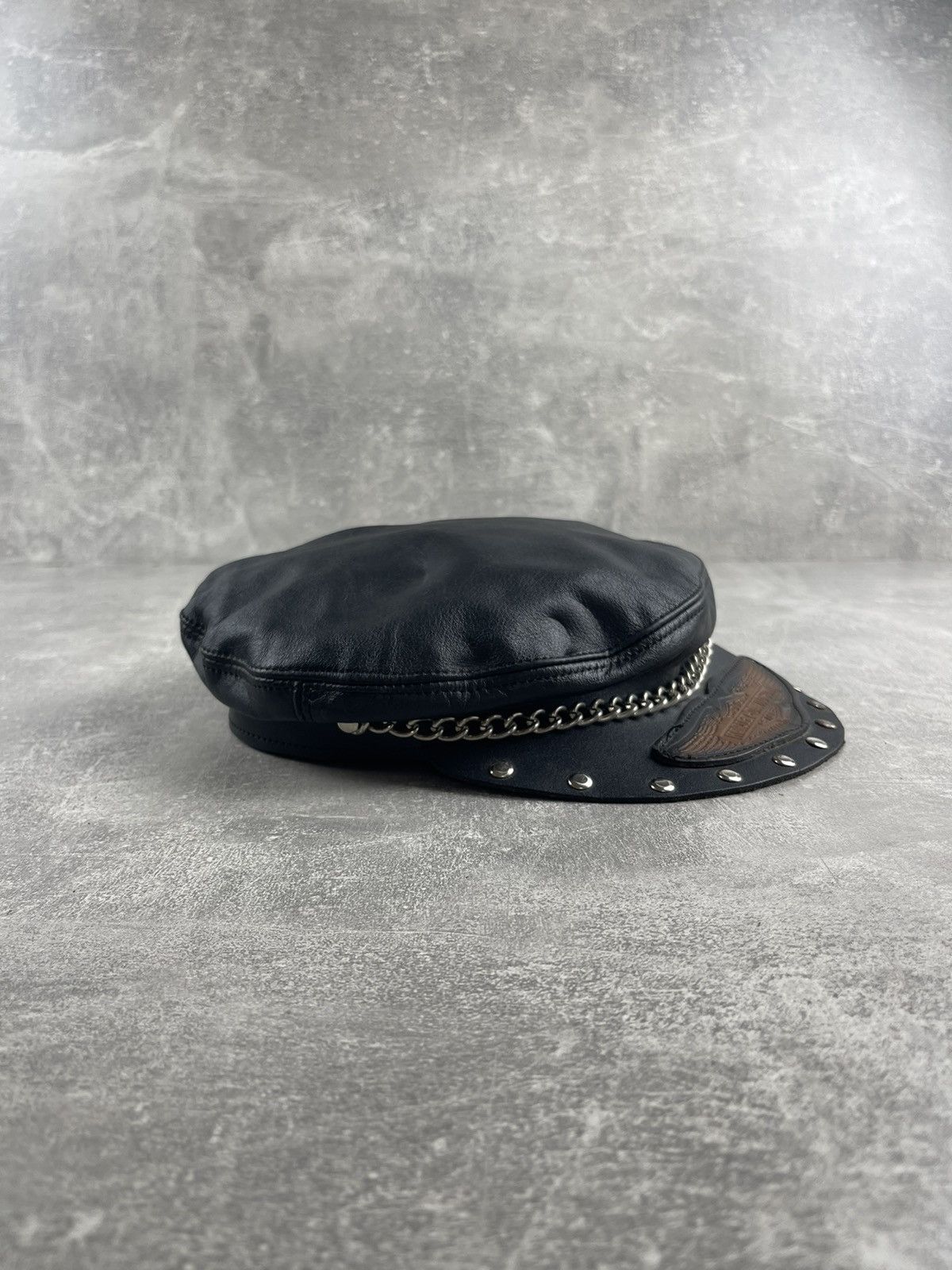 Harley Davidson × Vintage Harley Davidson Punk 80s Leather Logo Chain Captains Cap Size ONE SIZE - 5 Thumbnail