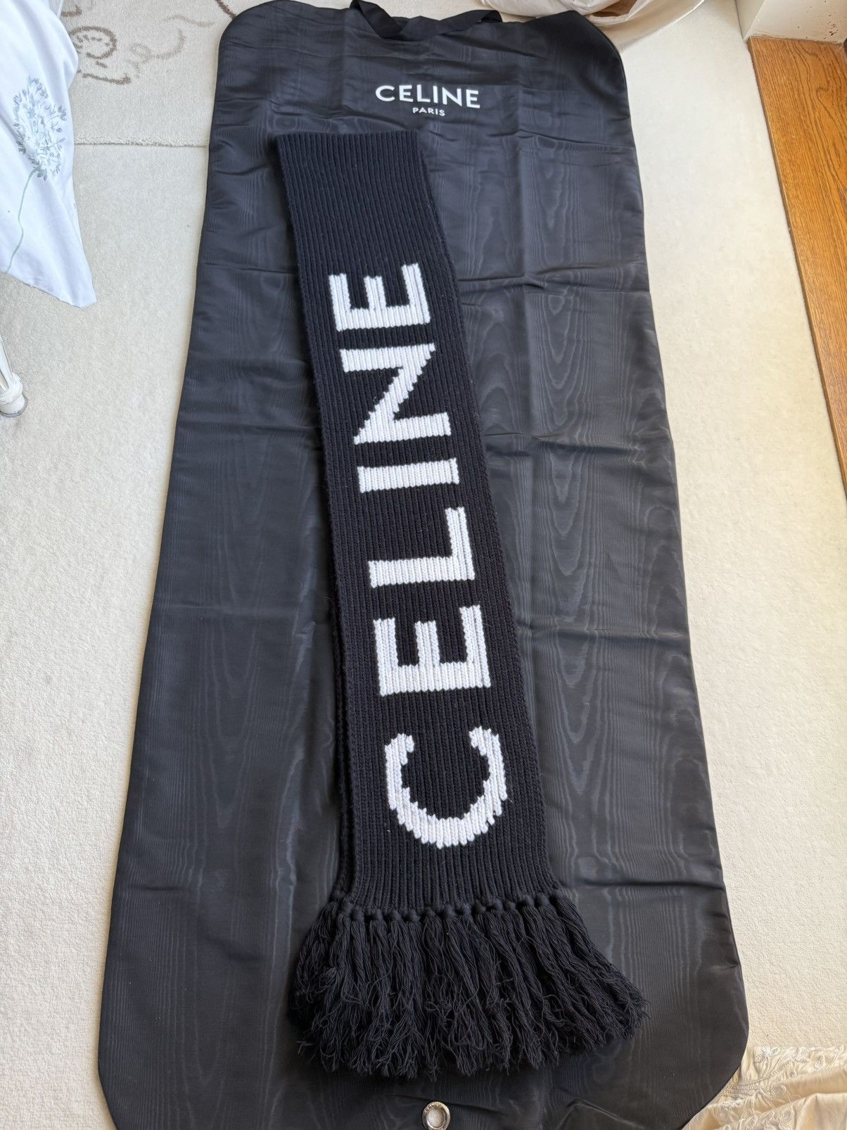 Celine $850 Celine black white logo scarf fringed in wool Sample Size ONE SIZE - 10 Thumbnail