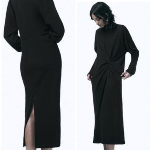 Zara Black Long Sleeve Knotted Pleated Dress Size Medium