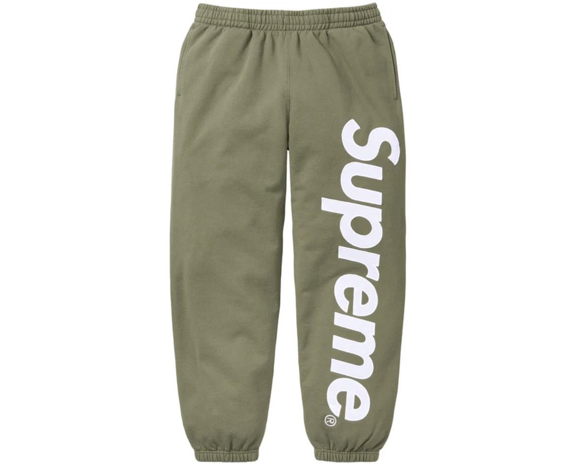 image of Supreme Satin Appliqué Sweatpant Light Olive XL In Hand, Men's (Size 36)