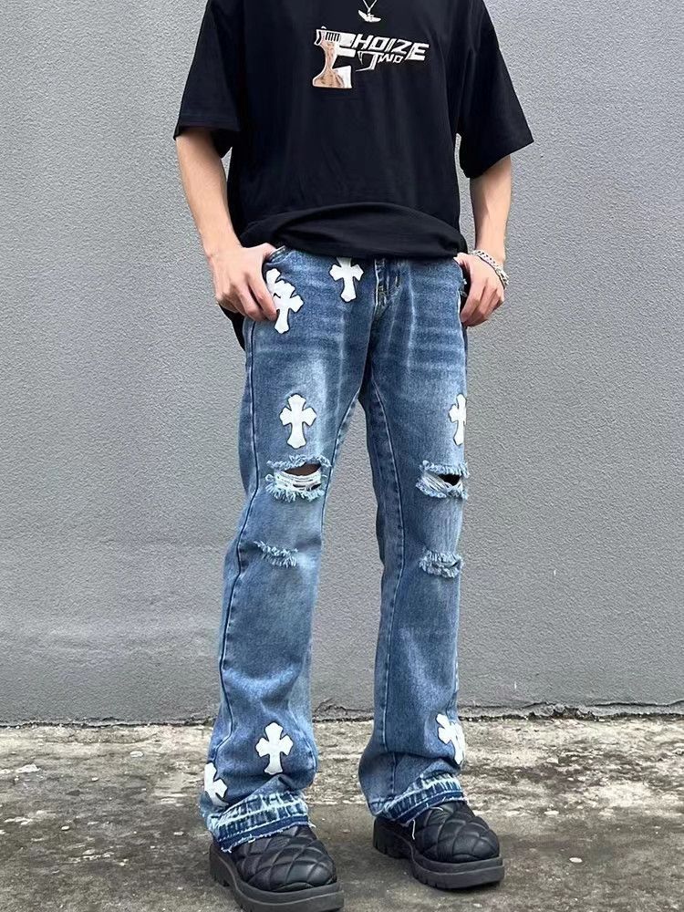 image of High Street Cross-Embroidery Ripped Micro-Flare Jeans in Blue, Men's (Size 32)