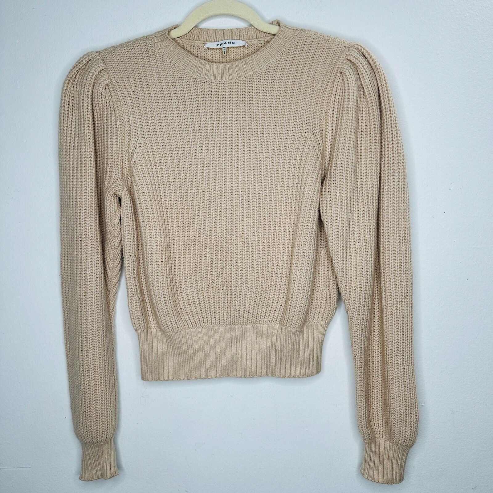 Frame Frame Tan Ribbed Cable Crew Balloon Puff-Sleeve Crop Sweater Size XS / US 0-2 / IT 36-38 - 3 Thumbnail
