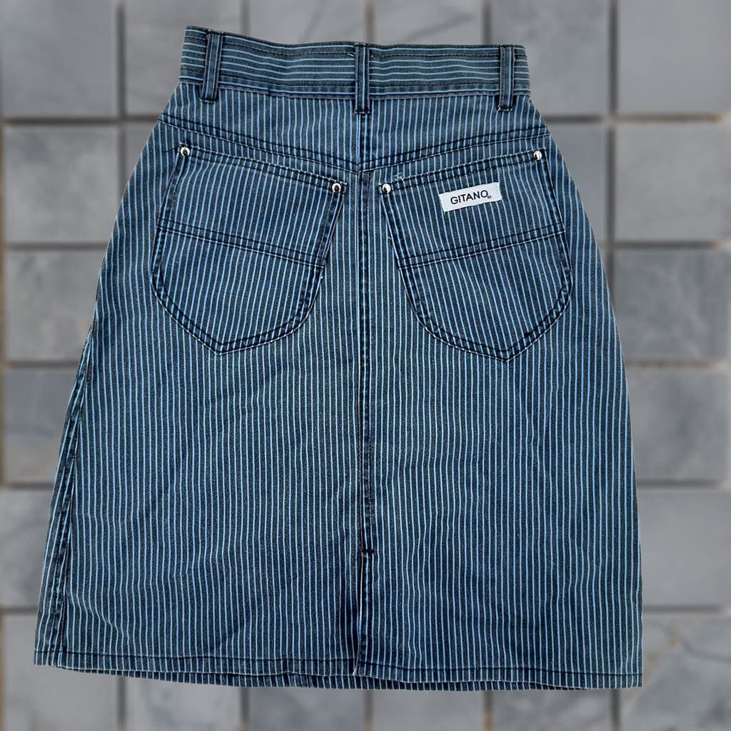 Vintage VINTAGE Gitano Skirt Denim High Striped AOL? 22 Womens Knee Length Blue Polyester Cotton Pockets Zip Rise High A-Line Juniors Size 22 Womens Sorry Size 40" / US 18 - 1 Thumbnail