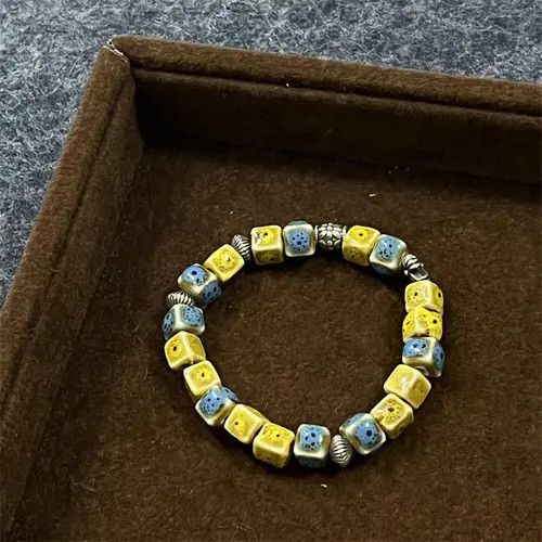 Jewelry Yellow Blue Ceramic Beaded Bracelet, Handmade Beads Size ONE SIZE - 1 Thumbnail